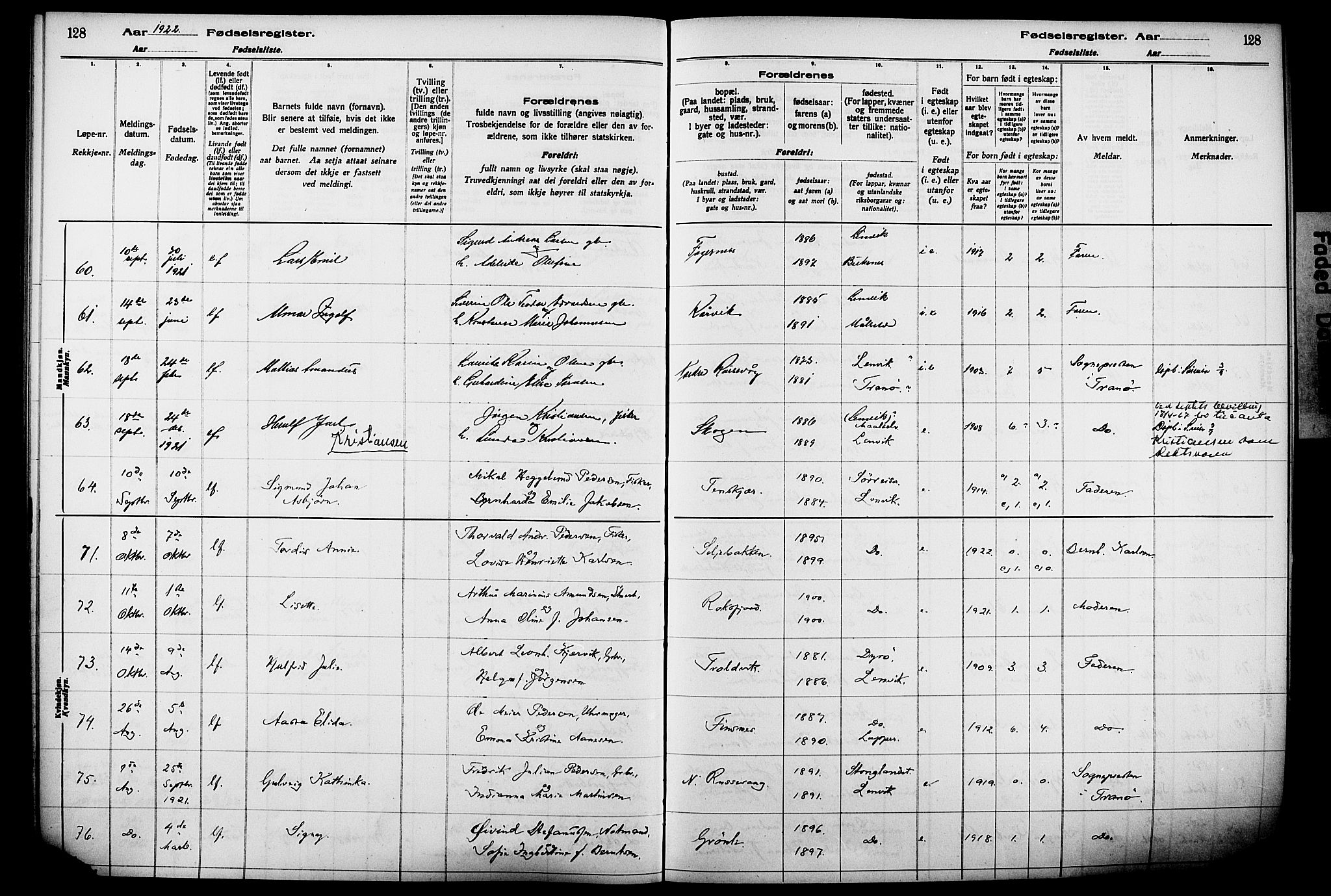 Lenvik sokneprestembete, AV/SATØ-S-1310/I/Ic/L0089: Birth register no. 89, 1916-1926, p. 128