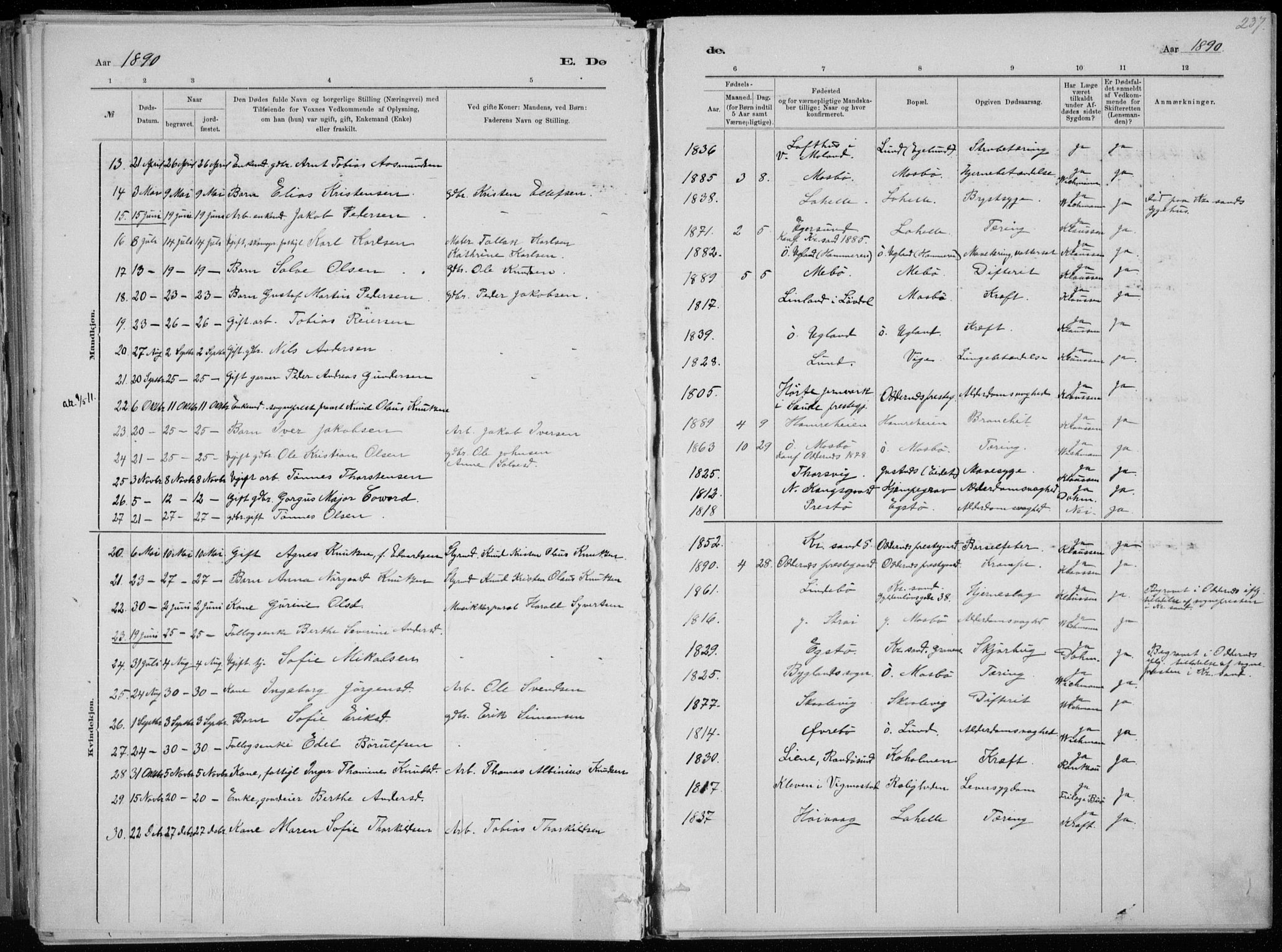 Oddernes sokneprestkontor, SAK/1111-0033/F/Fa/Faa/L0009: Parish register (official) no. A 9, 1884-1896, p. 237