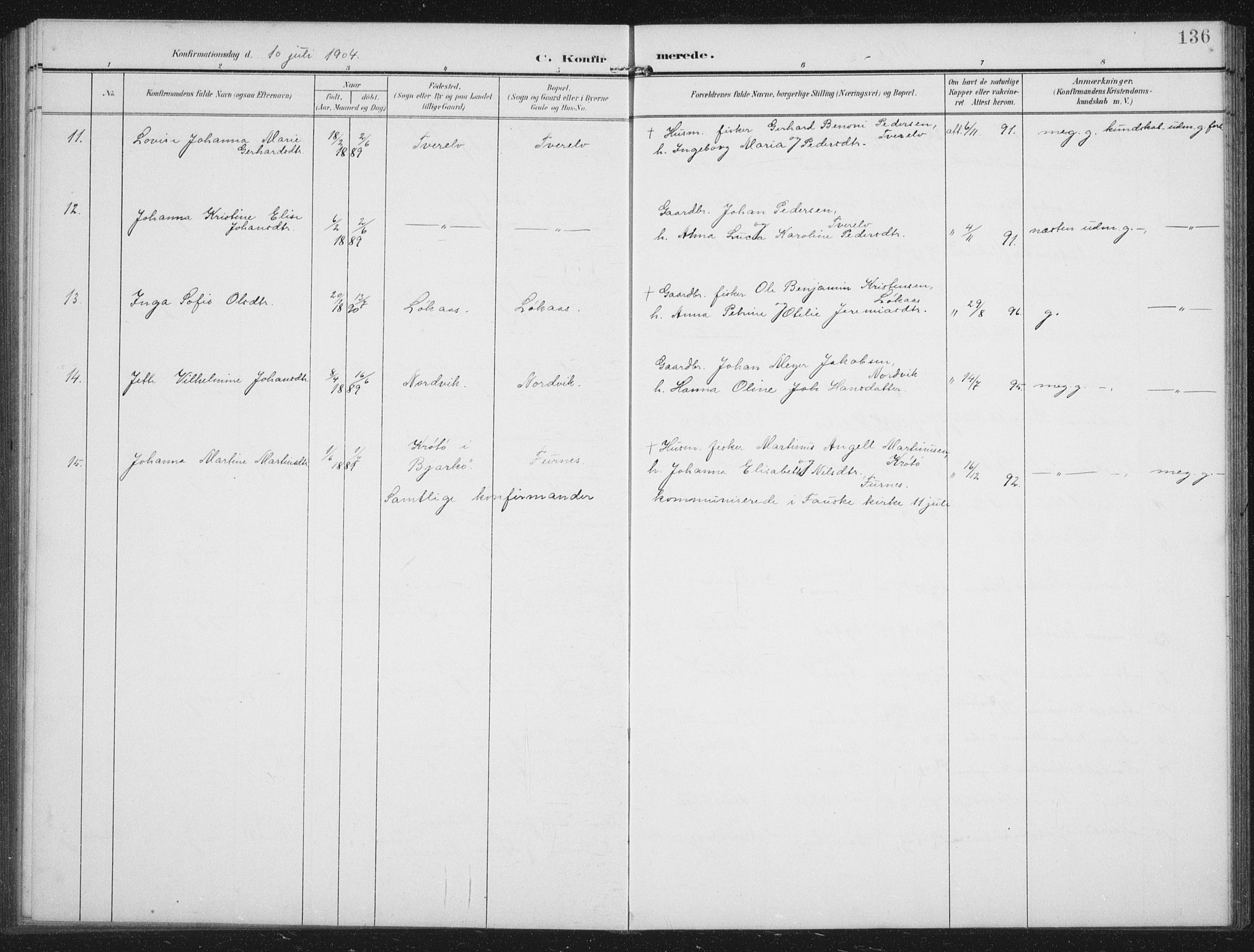 Ministerialprotokoller, klokkerbøker og fødselsregistre - Nordland, AV/SAT-A-1459/851/L0726: Parish register (copy) no. 851C01, 1902-1924, p. 136