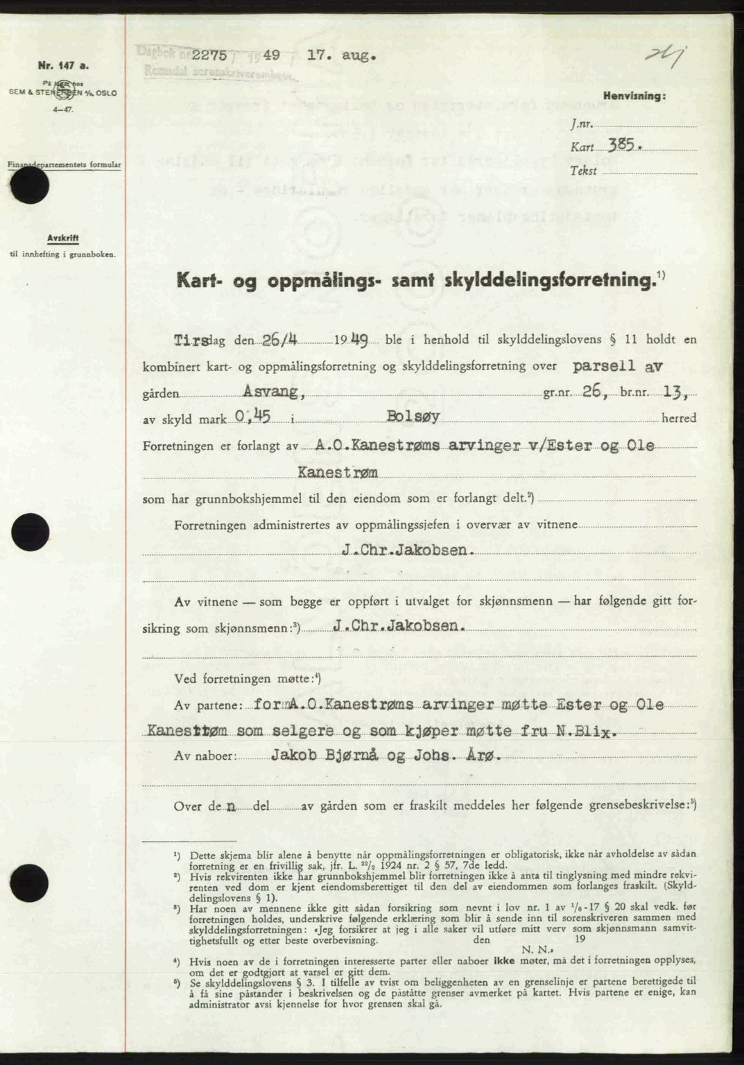 Romsdal sorenskriveri, AV/SAT-A-4149/1/2/2C: Mortgage book no. A30, 1949-1949, Diary no: : 2275/1949