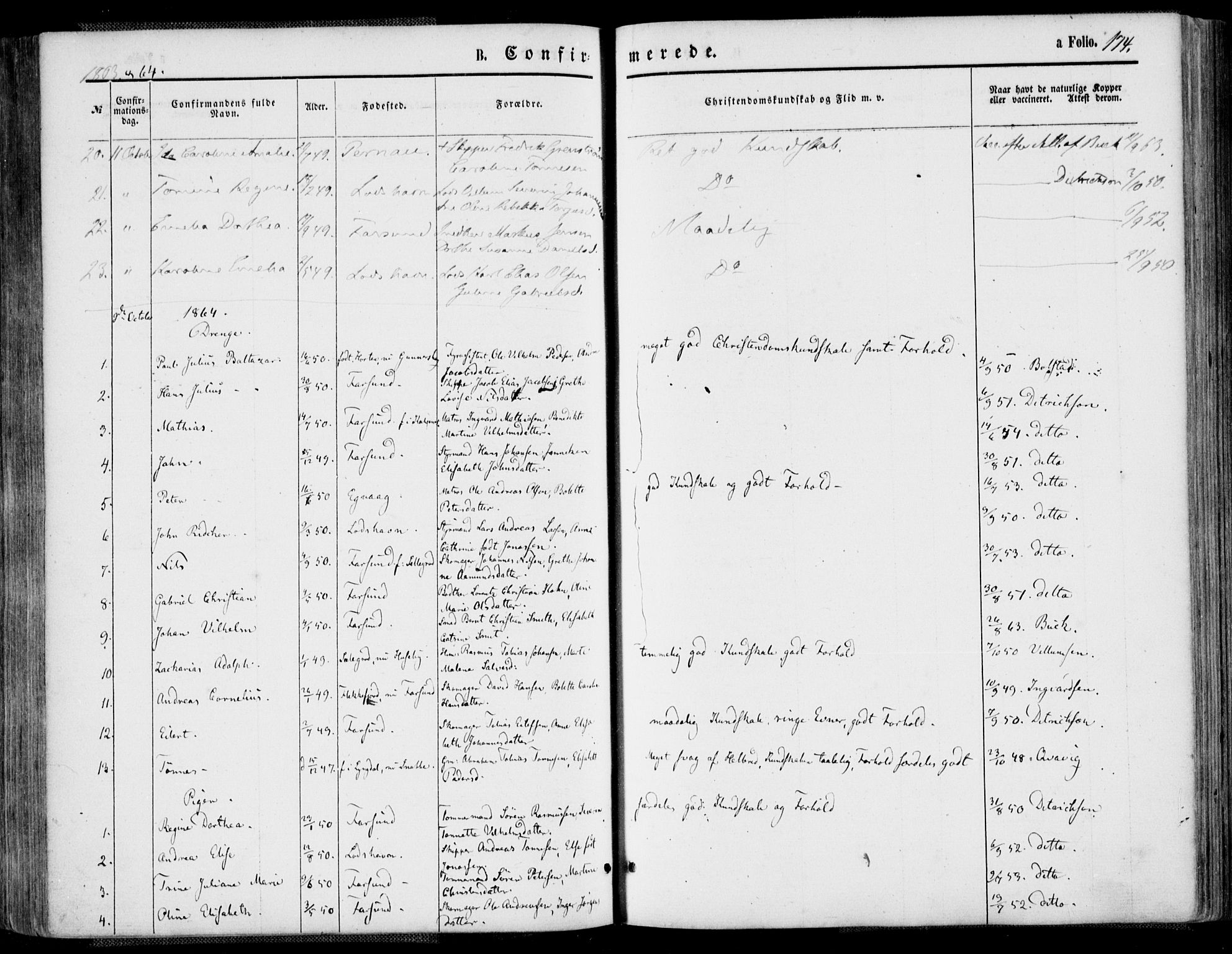 Farsund sokneprestkontor, SAK/1111-0009/F/Fa/L0005: Parish register (official) no. A 5, 1863-1886, p. 174