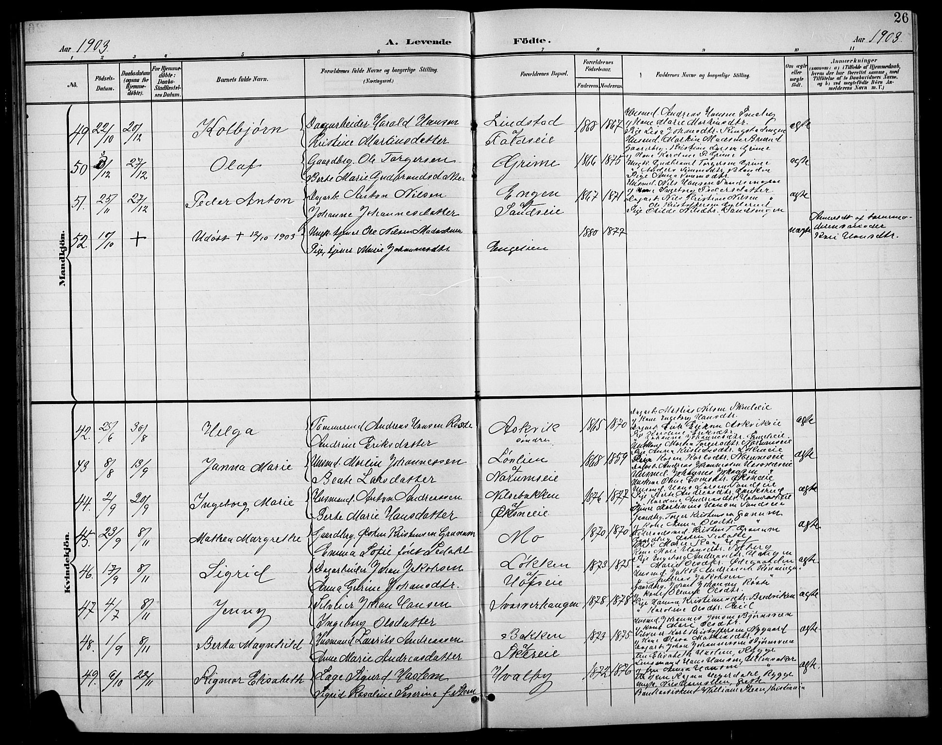 Søndre Land prestekontor, AV/SAH-PREST-122/L/L0004: Parish register (copy) no. 4, 1901-1915, p. 26