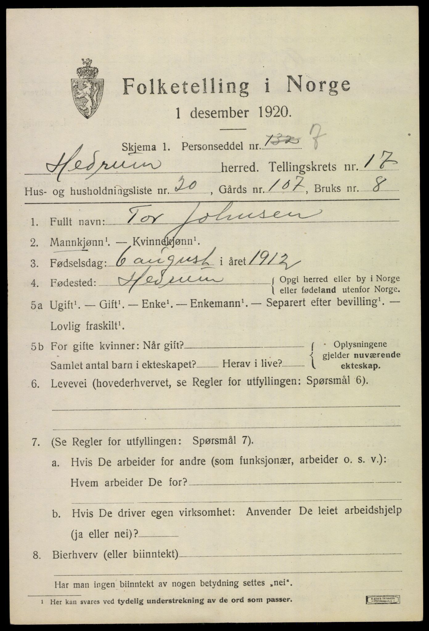 SAKO, 1920 census for Hedrum, 1920, p. 10777