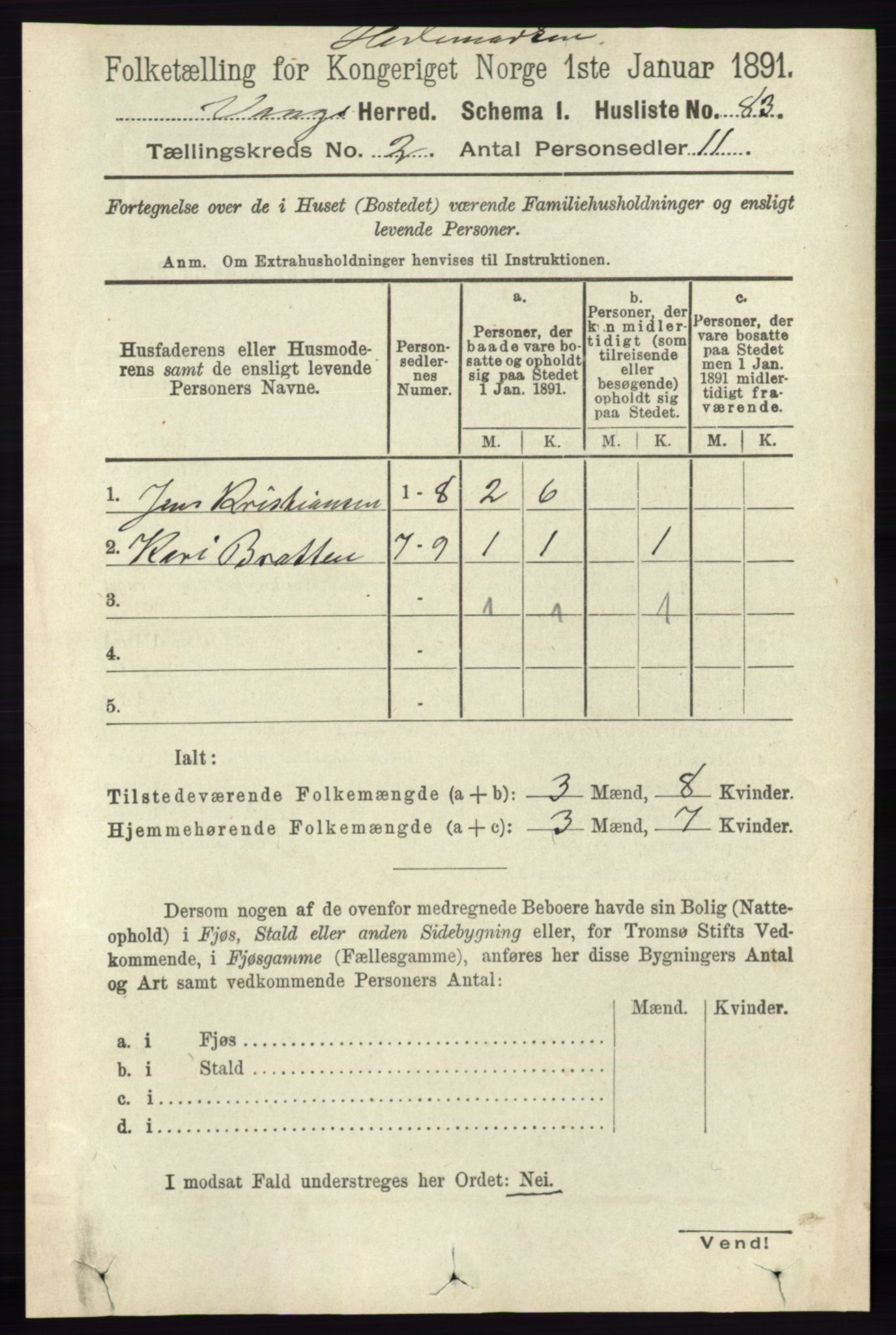 RA, 1891 census for 0414 Vang, 1891, p. 1014