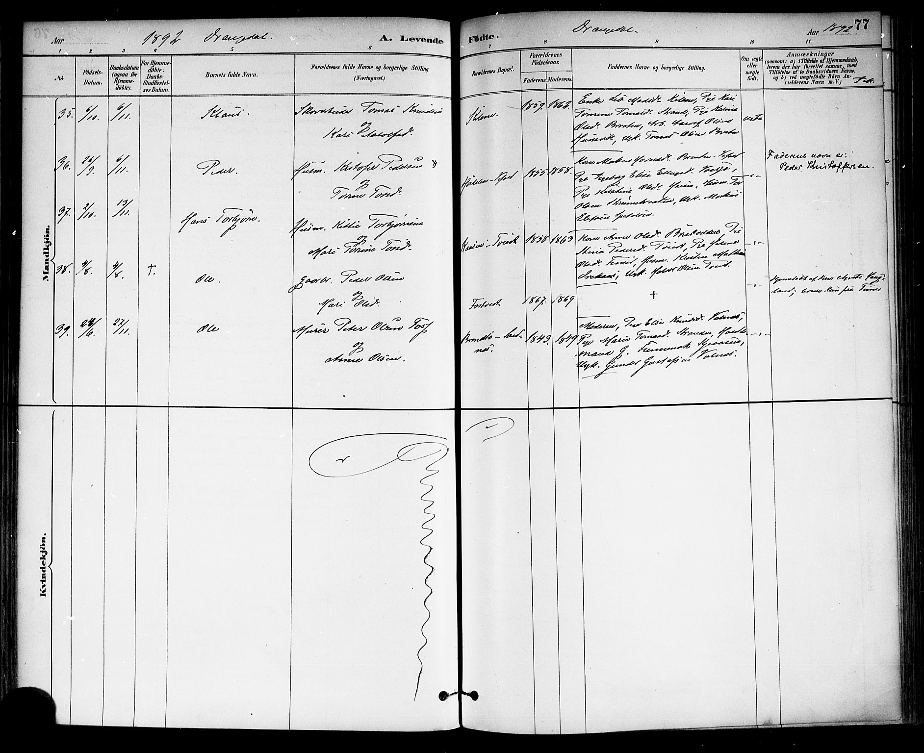 Drangedal kirkebøker, SAKO/A-258/F/Fa/L0010: Parish register (official) no. 10 /1, 1885-1894, p. 77