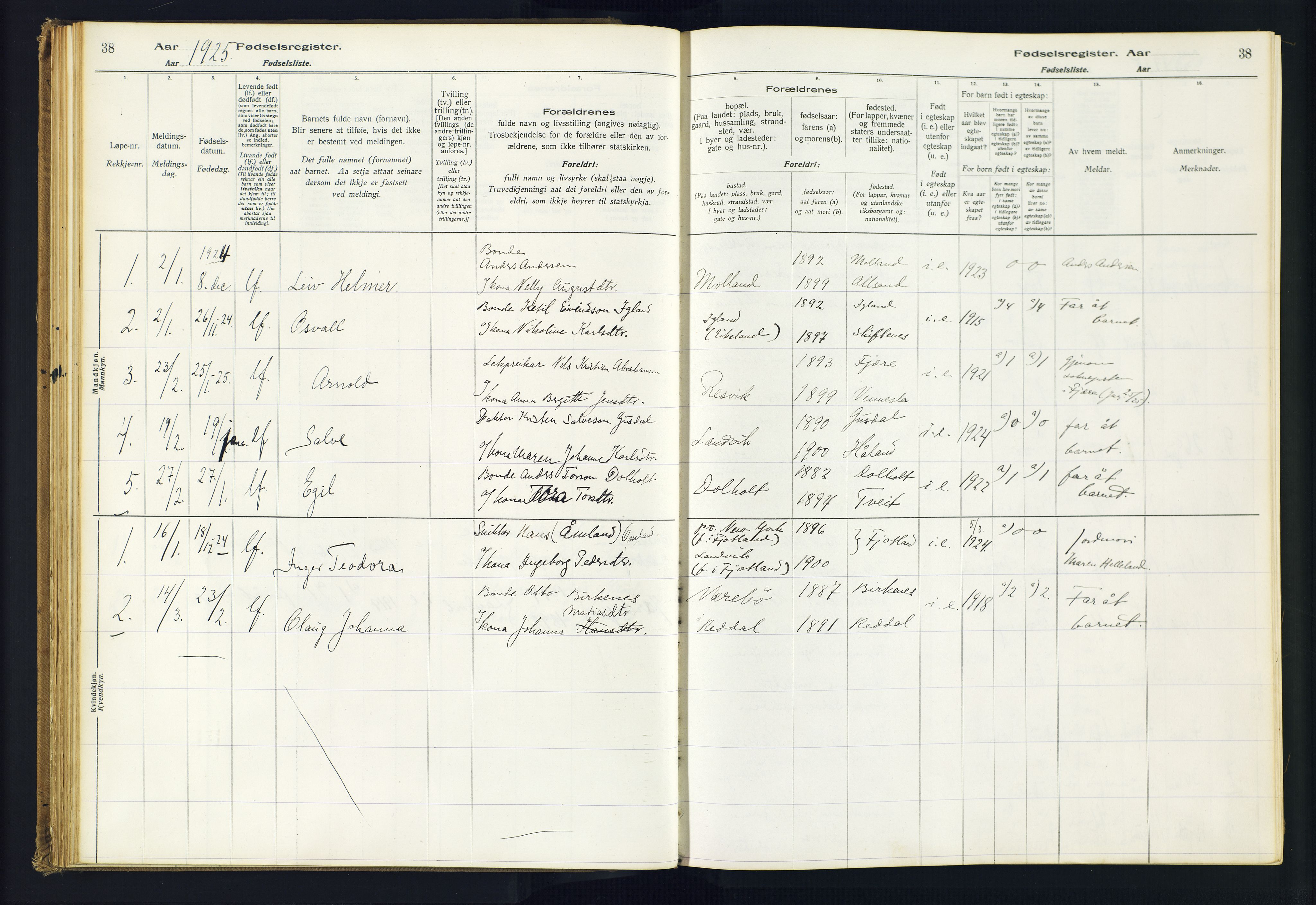 Hommedal sokneprestkontor, AV/SAK-1111-0023/J/Jd/L0001: Birth register no. 1, 1916-1962, p. 38