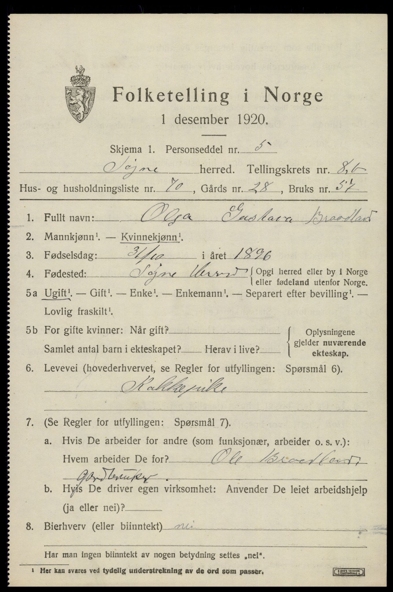 SAK, 1920 census for Søgne, 1920, p. 5283