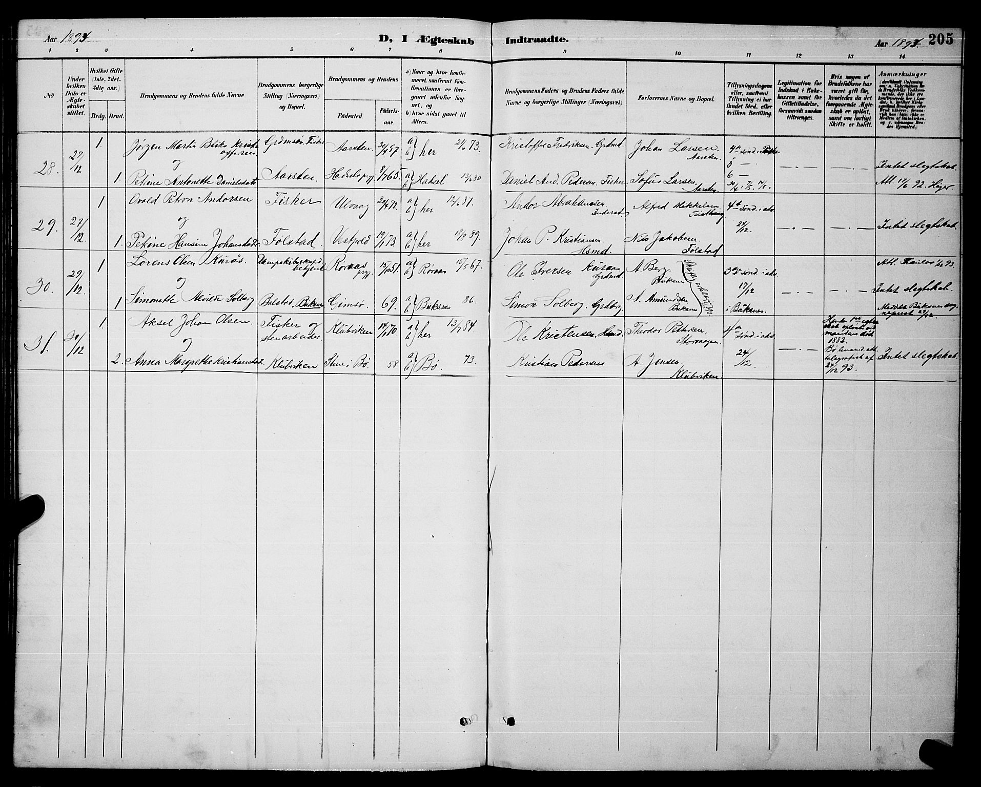 Ministerialprotokoller, klokkerbøker og fødselsregistre - Nordland, AV/SAT-A-1459/874/L1077: Parish register (copy) no. 874C06, 1891-1900, p. 205