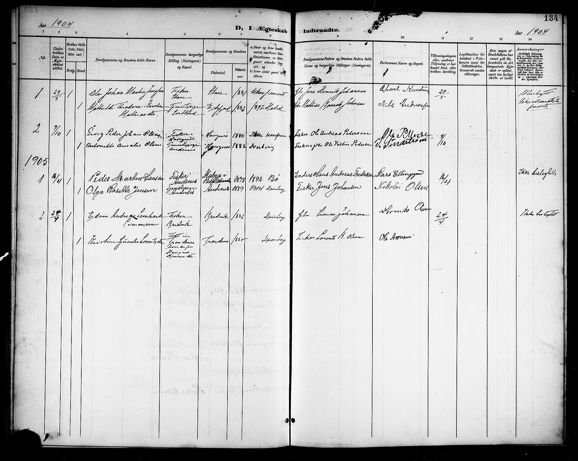 Ministerialprotokoller, klokkerbøker og fødselsregistre - Nordland, SAT/A-1459/899/L1449: Parish register (copy) no. 899C04, 1900-1918, p. 134