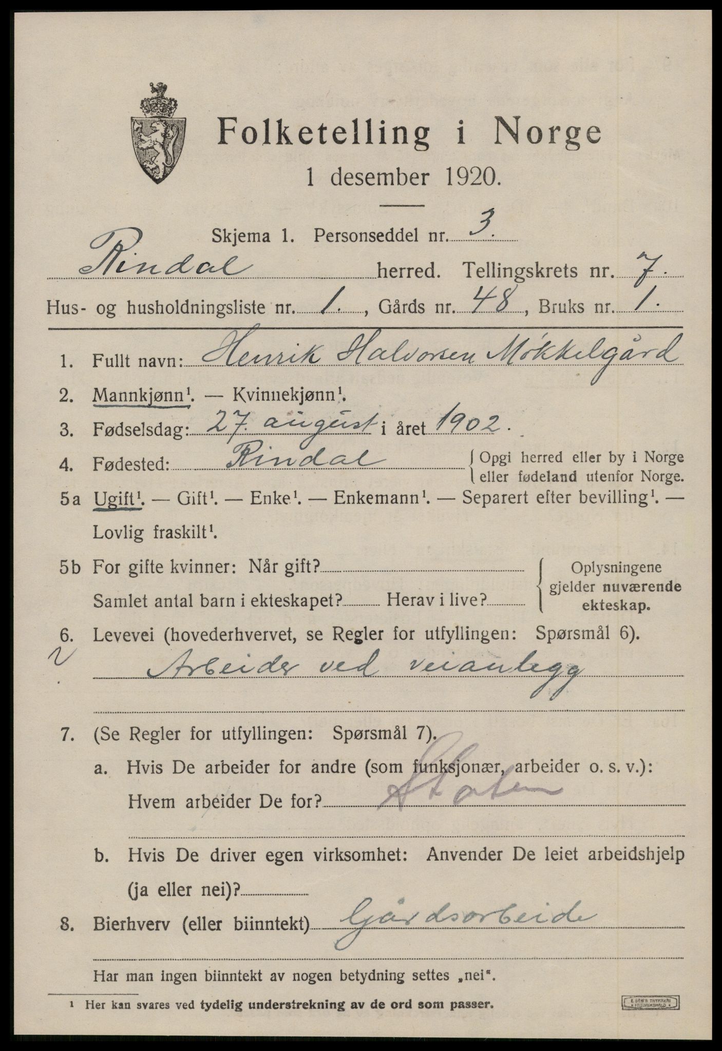 SAT, 1920 census for Rindal, 1920, p. 3544