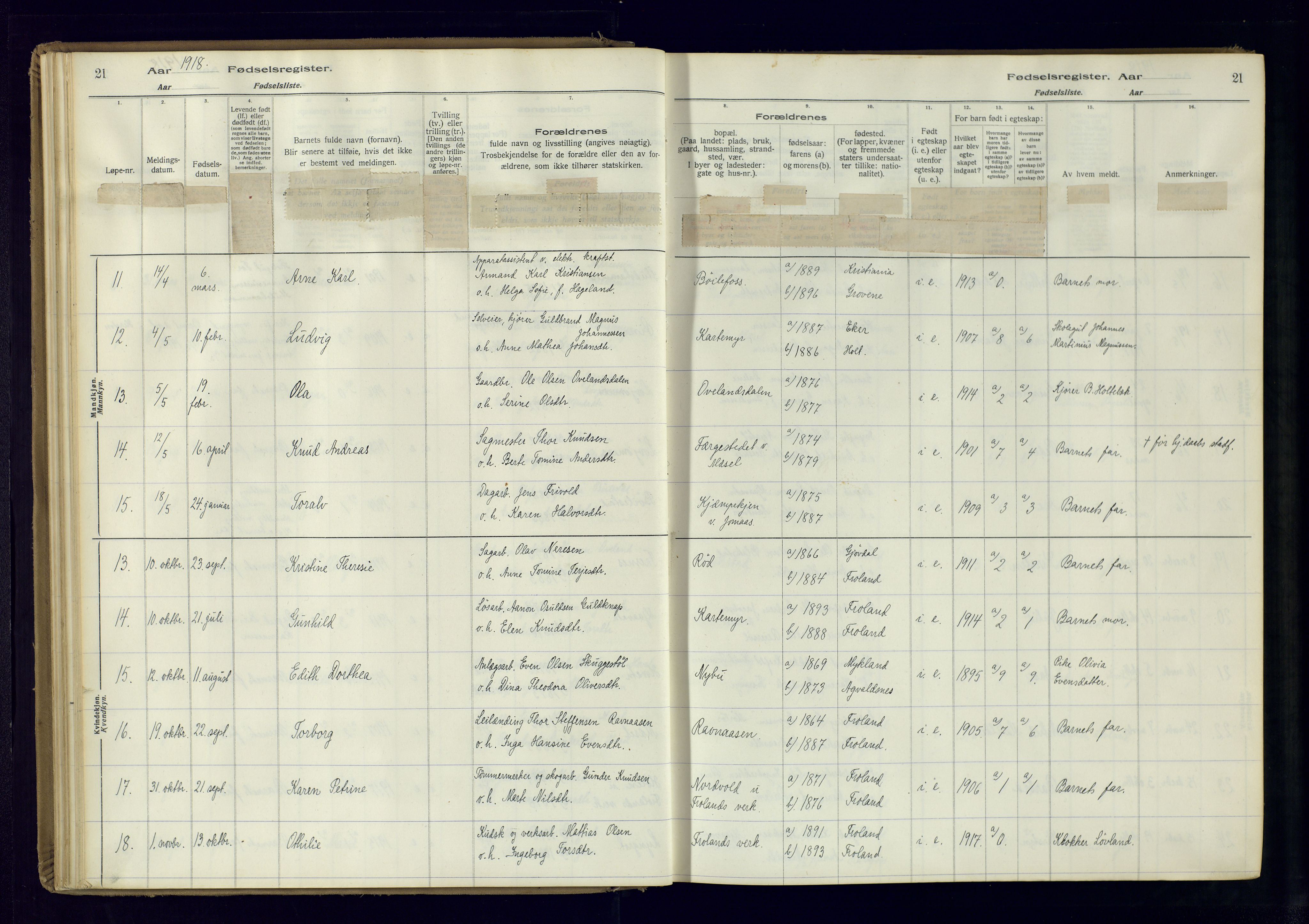 Froland sokneprestkontor, AV/SAK-1111-0013/J/Ja/L0001: Birth register no. 1, 1916-1950, p. 21