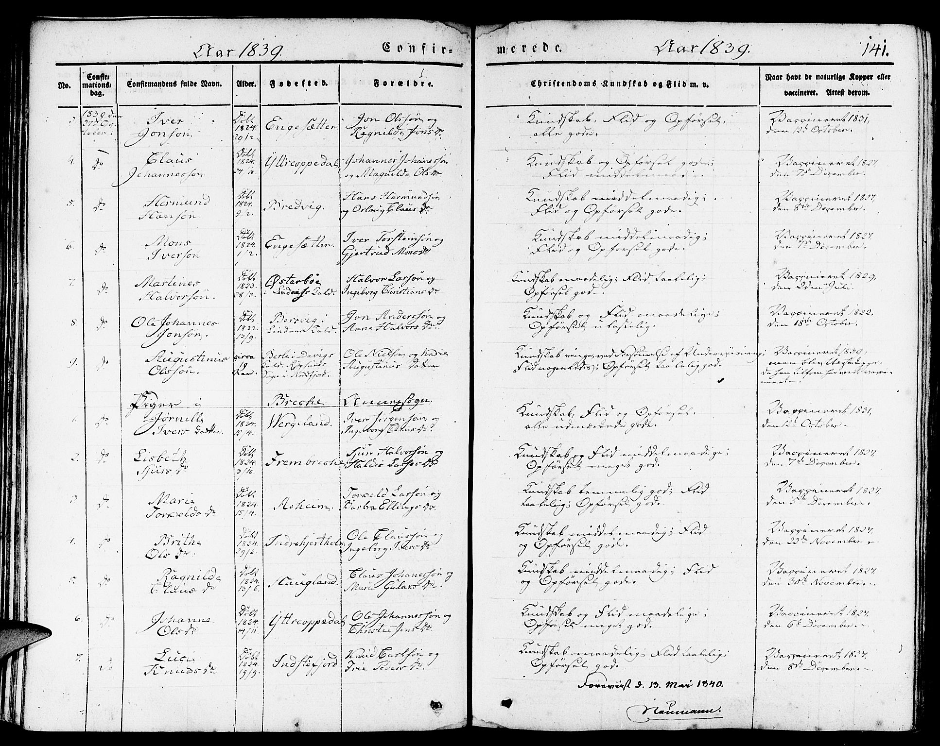 Gulen sokneprestembete, AV/SAB-A-80201/H/Haa/Haaa/L0020: Parish register (official) no. A 20, 1837-1847, p. 141