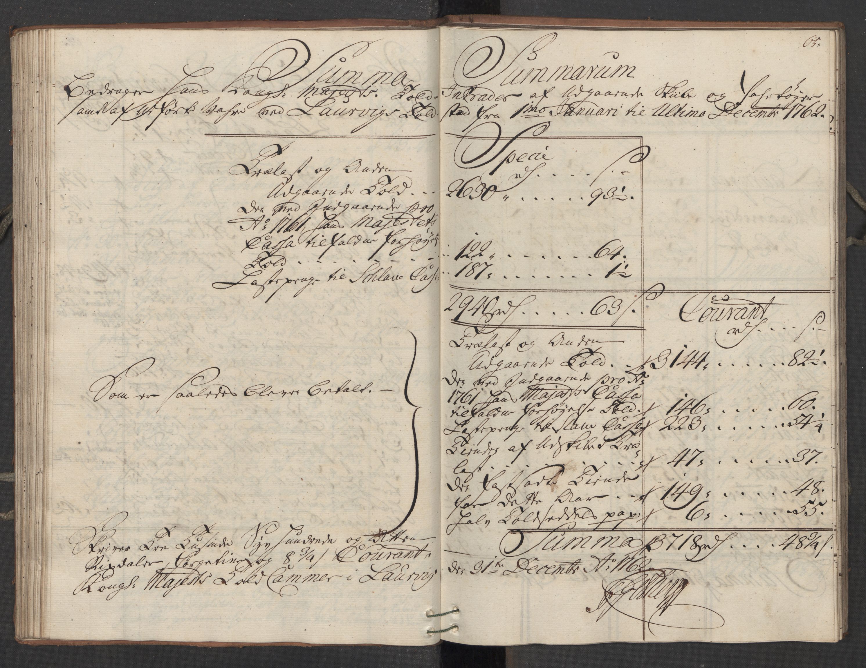 Generaltollkammeret, tollregnskaper, AV/RA-EA-5490/R11/L0039/0001: Tollregnskaper Larvik og Sandefjord / Utgående hovedtollbok, 1762, p. 64b-65a