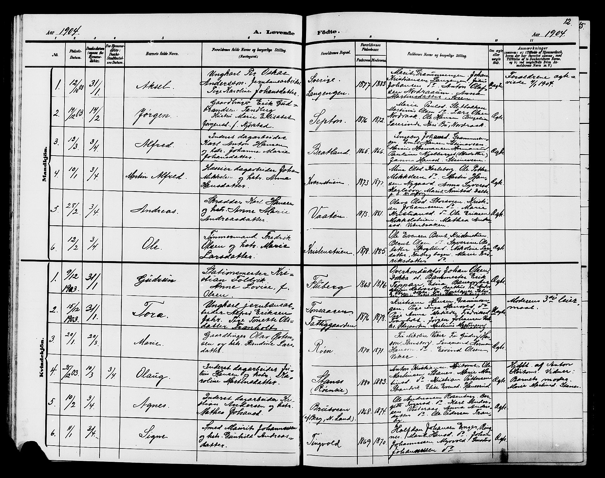 Søndre Land prestekontor, AV/SAH-PREST-122/L/L0005: Parish register (copy) no. 5, 1902-1911, p. 12