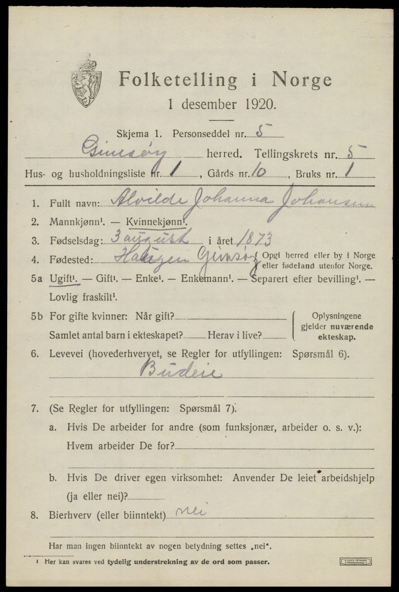 SAT, 1920 census for Gimsøy, 1920, p. 2531