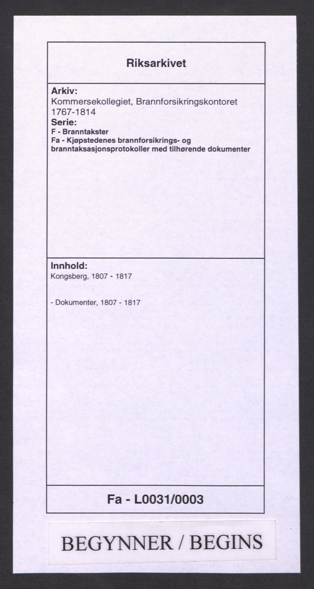 Kommersekollegiet, Brannforsikringskontoret 1767-1814, RA/EA-5458/F/Fa/L0031/0003: Kongsberg / Dokumenter, 1807-1817