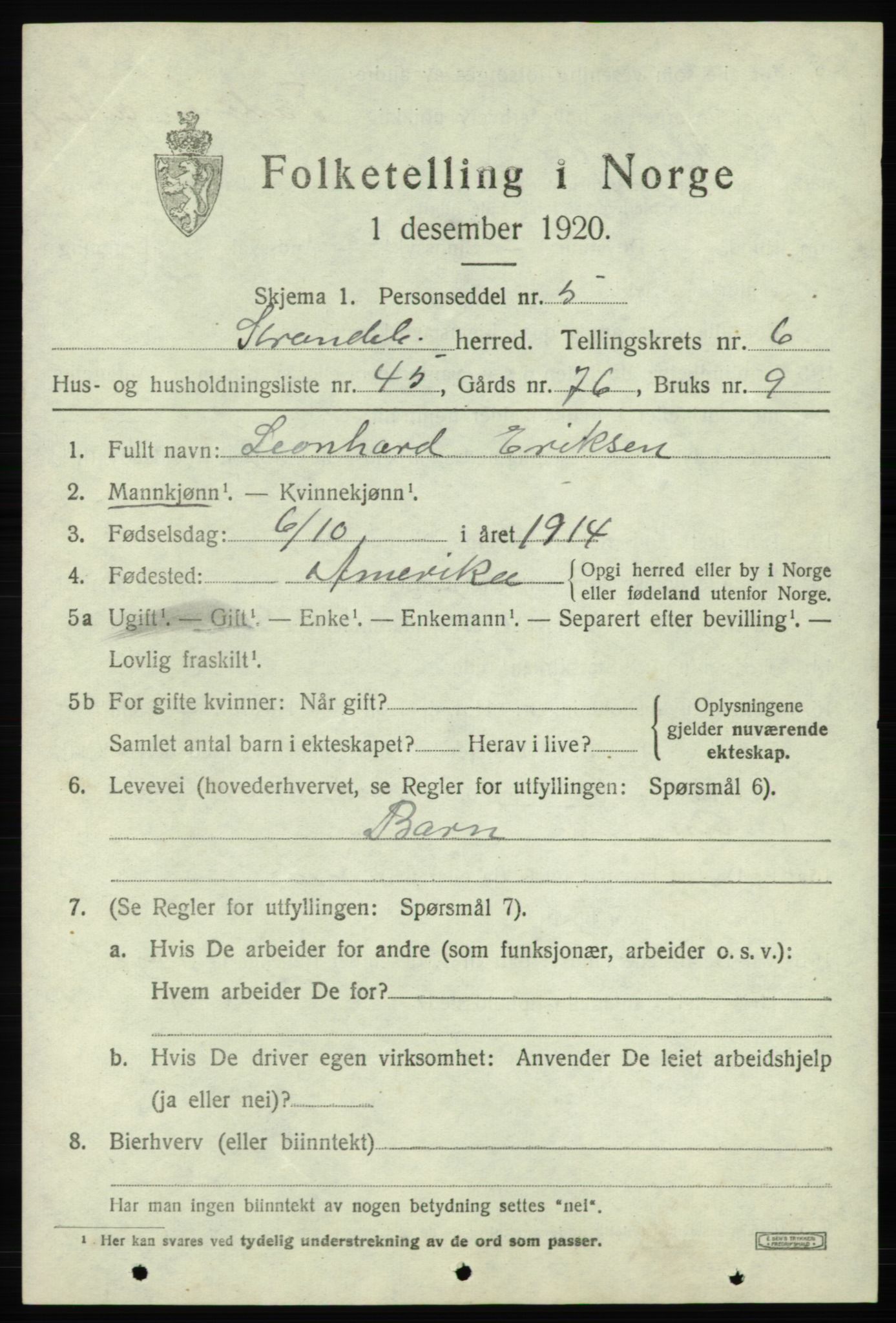 SAB, 1920 census for Strandebarm, 1920, p. 4374