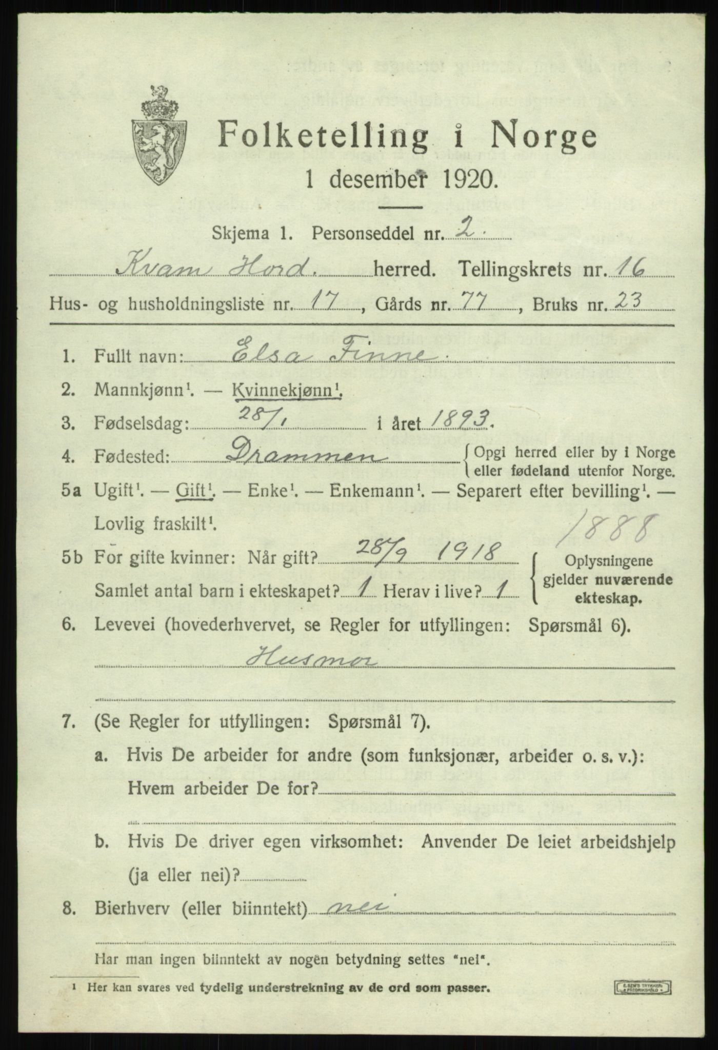 SAB, 1920 census for Kvam, 1920, p. 9195