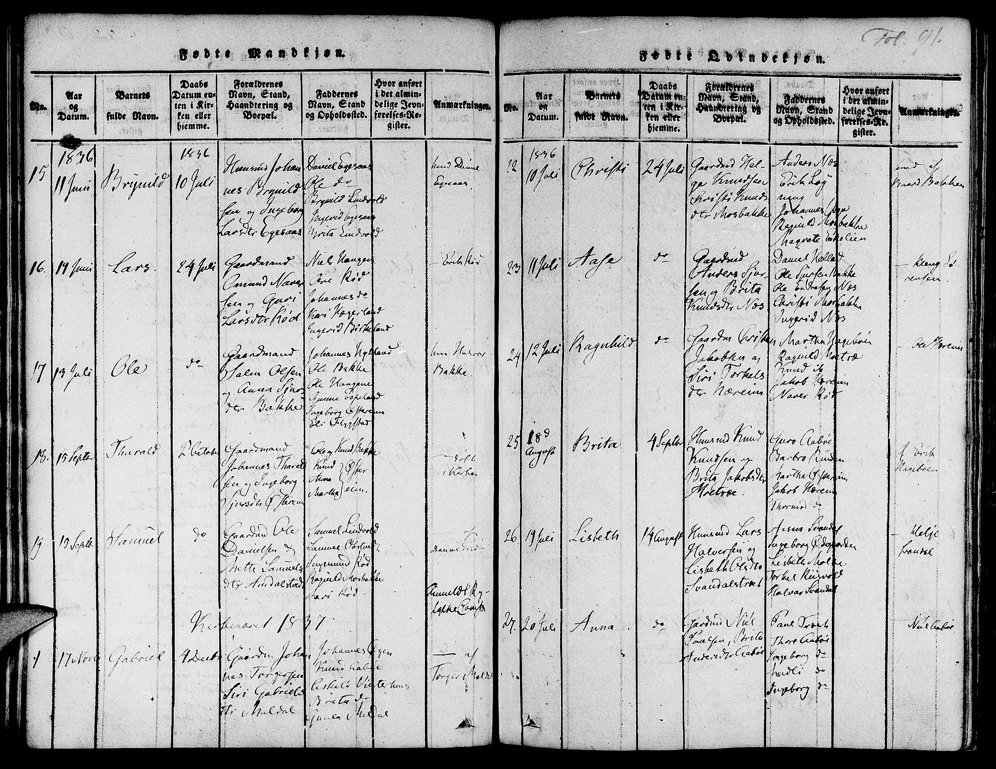 Suldal sokneprestkontor, SAST/A-101845/01/IV/L0007: Parish register (official) no. A 7, 1817-1838, p. 91