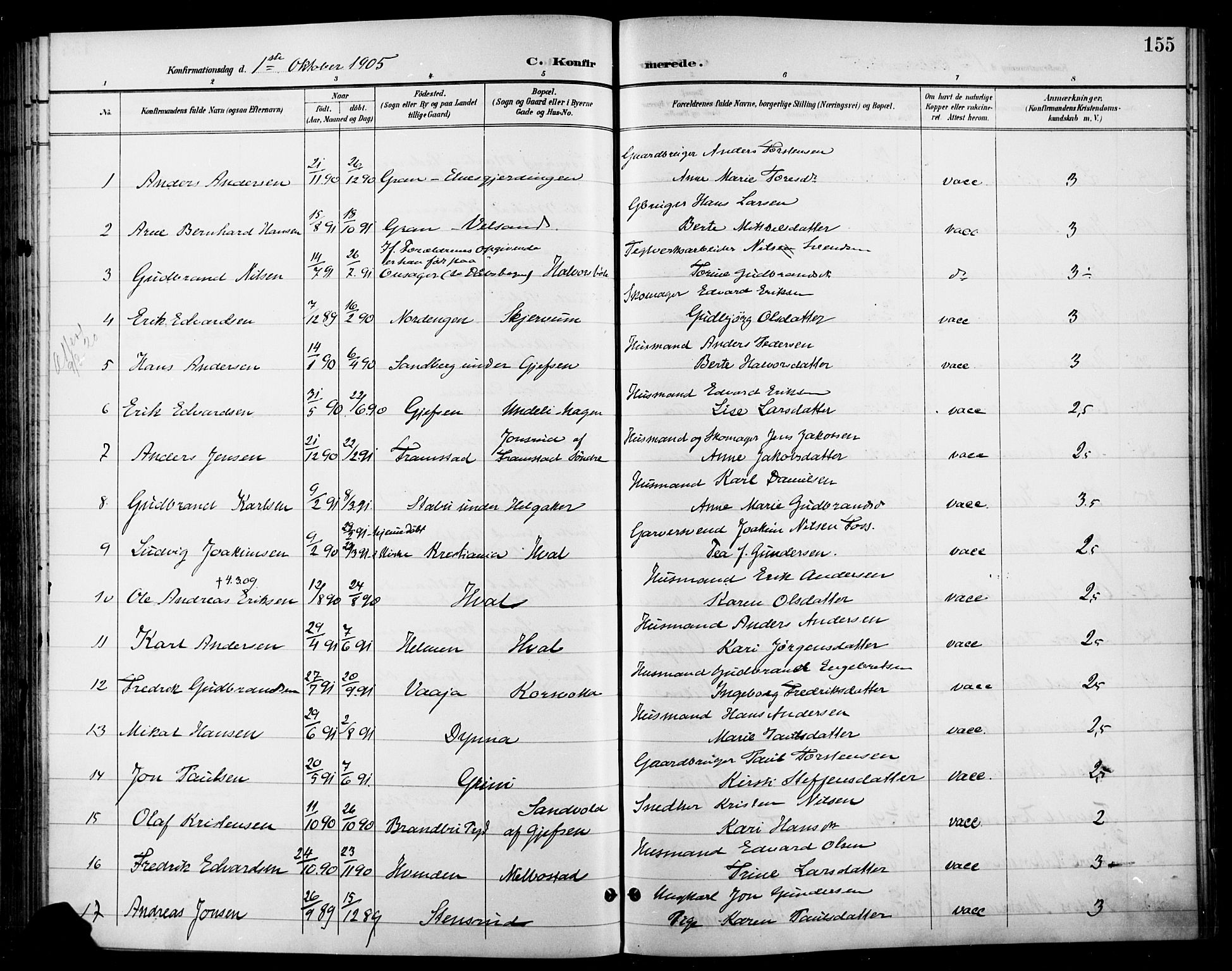 Gran prestekontor, SAH/PREST-112/H/Ha/Haa/L0019: Parish register (official) no. 19, 1898-1907, p. 155