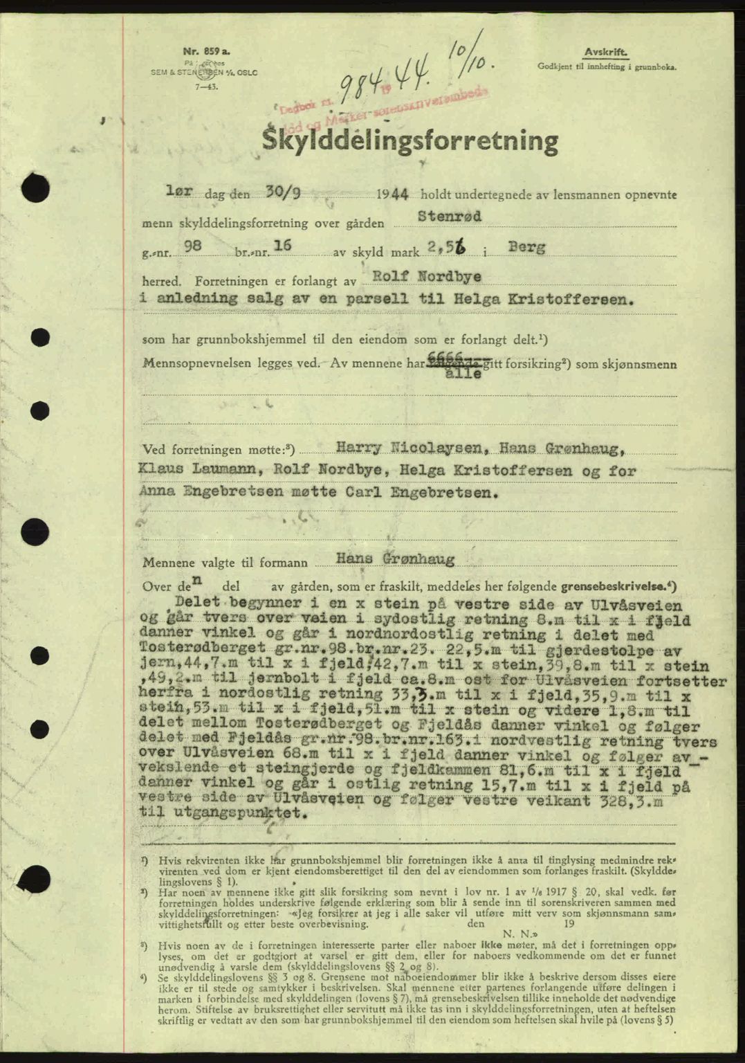 Idd og Marker sorenskriveri, AV/SAO-A-10283/G/Gb/Gbb/L0007: Mortgage book no. A7, 1944-1945, Diary no: : 984/1944