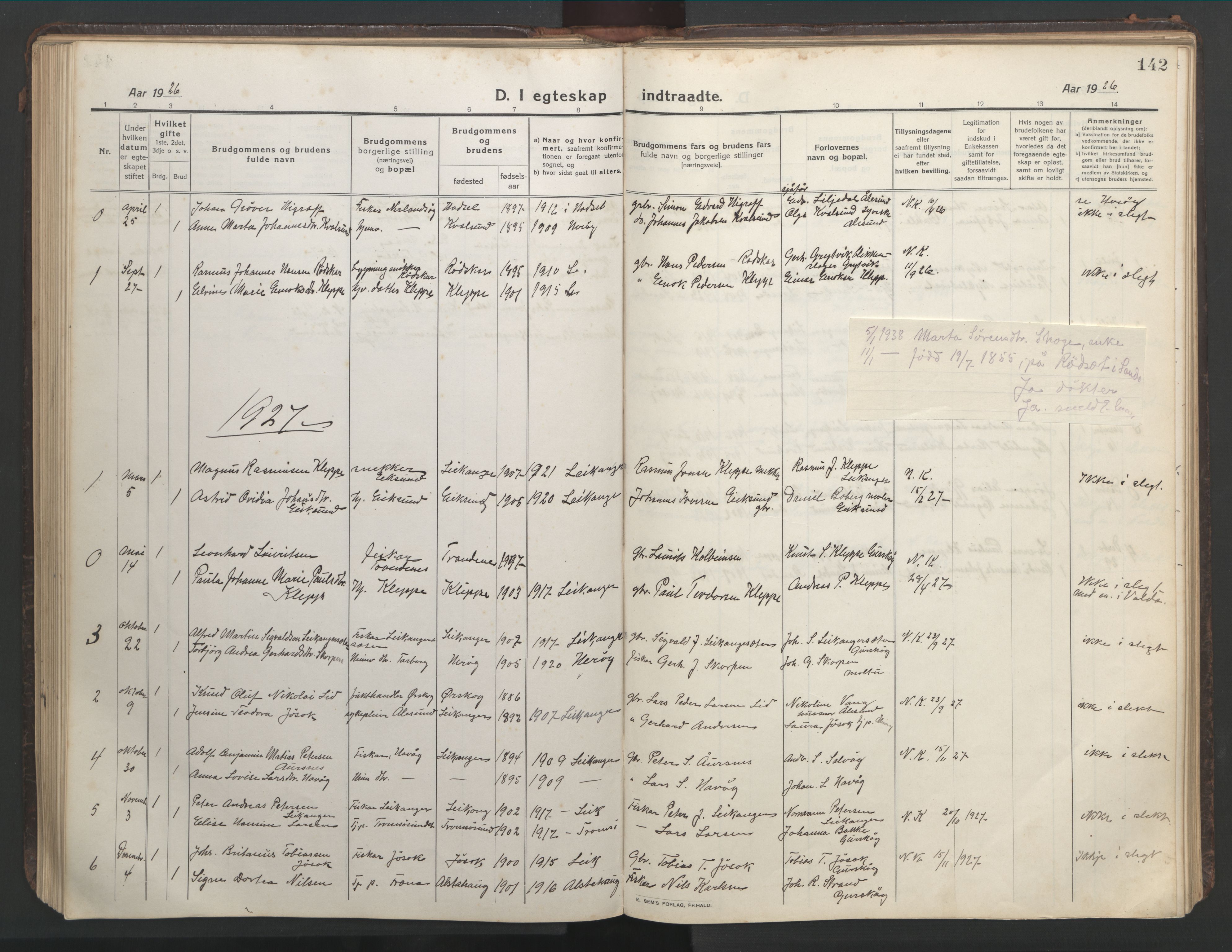 Ministerialprotokoller, klokkerbøker og fødselsregistre - Møre og Romsdal, AV/SAT-A-1454/508/L0099: Parish register (copy) no. 508C03, 1917-1947, p. 142