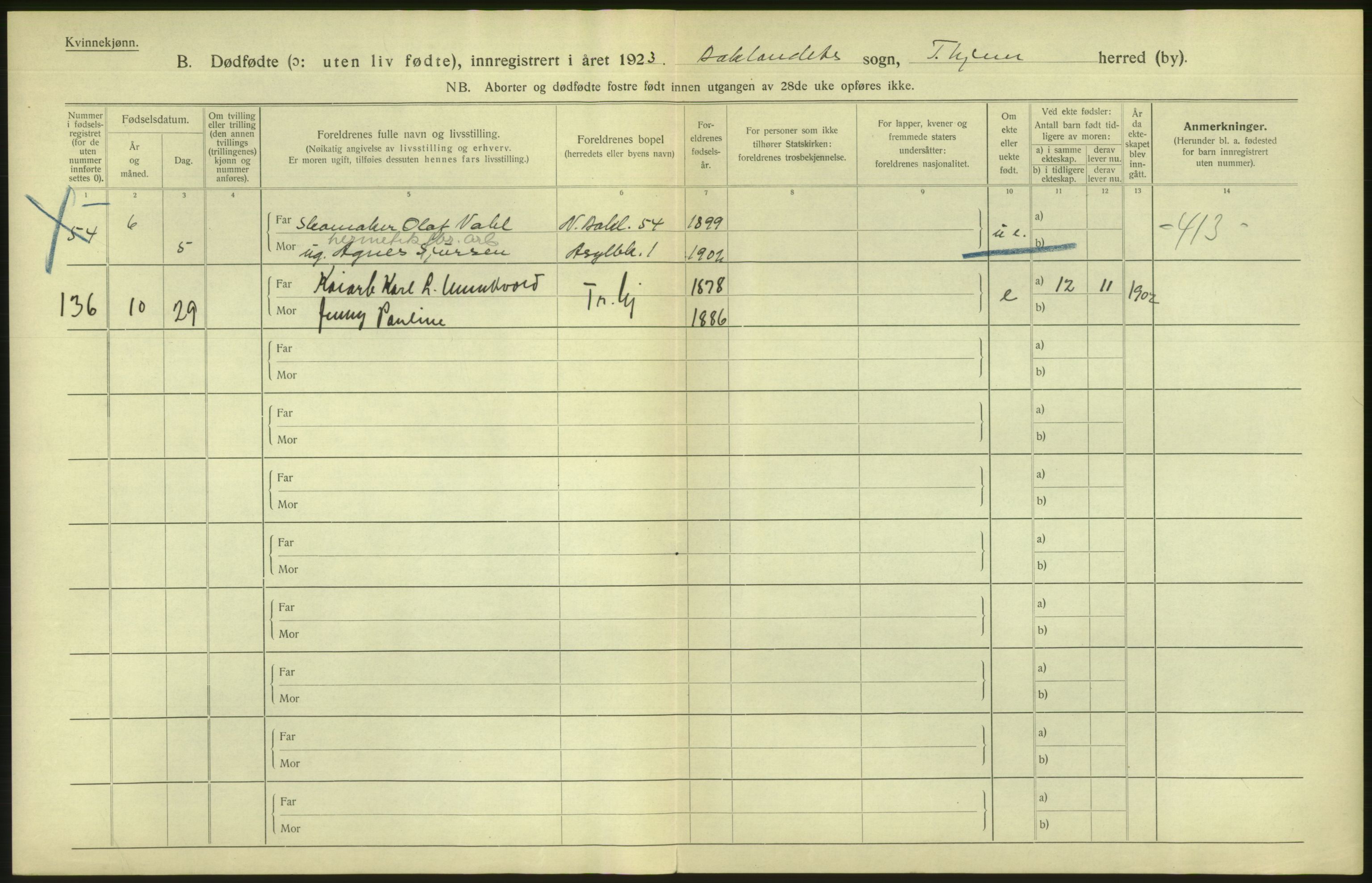 Statistisk sentralbyrå, Sosiodemografiske emner, Befolkning, AV/RA-S-2228/D/Df/Dfc/Dfcc/L0038: Trondheim: Levendefødte menn og kvinner, gifte, døde, dødfødte., 1923, p. 894