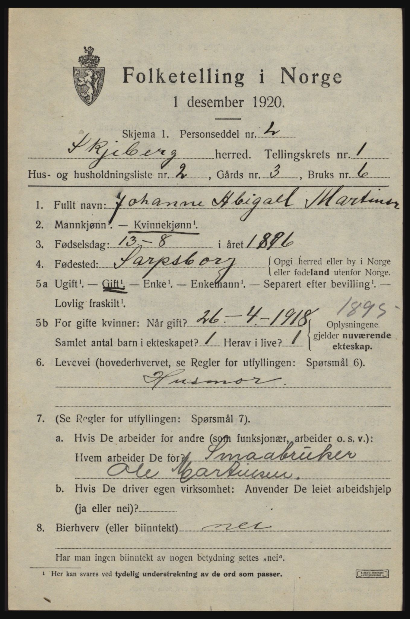 SAO, 1920 census for Skjeberg, 1920, p. 2373