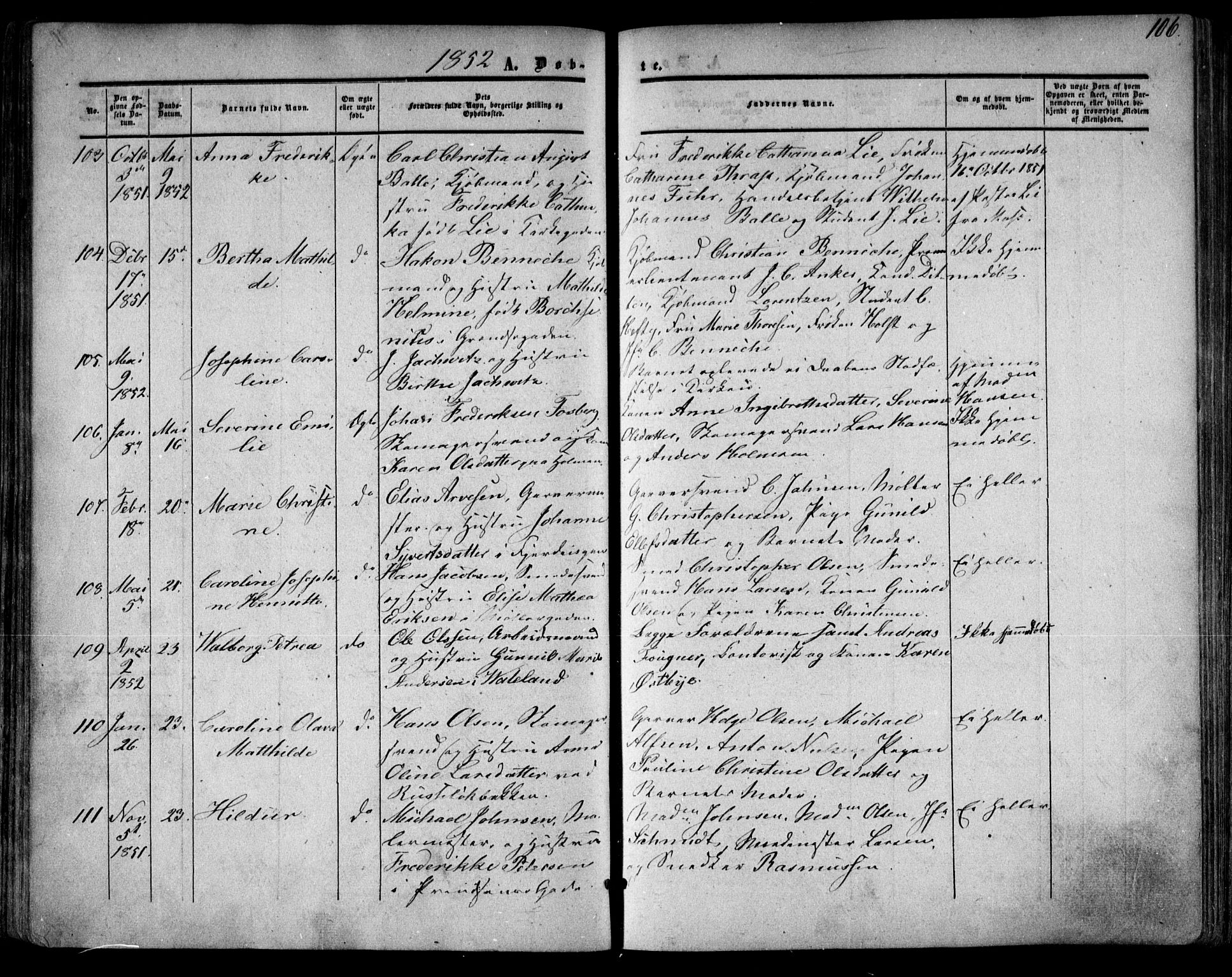 Oslo domkirke Kirkebøker, SAO/A-10752/F/Fa/L0014: Parish register (official) no. 14, 1850-1857, p. 106