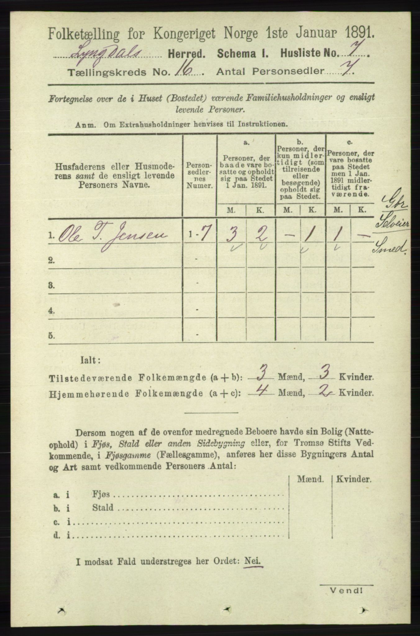 RA, 1891 census for 1032 Lyngdal, 1891, p. 6219