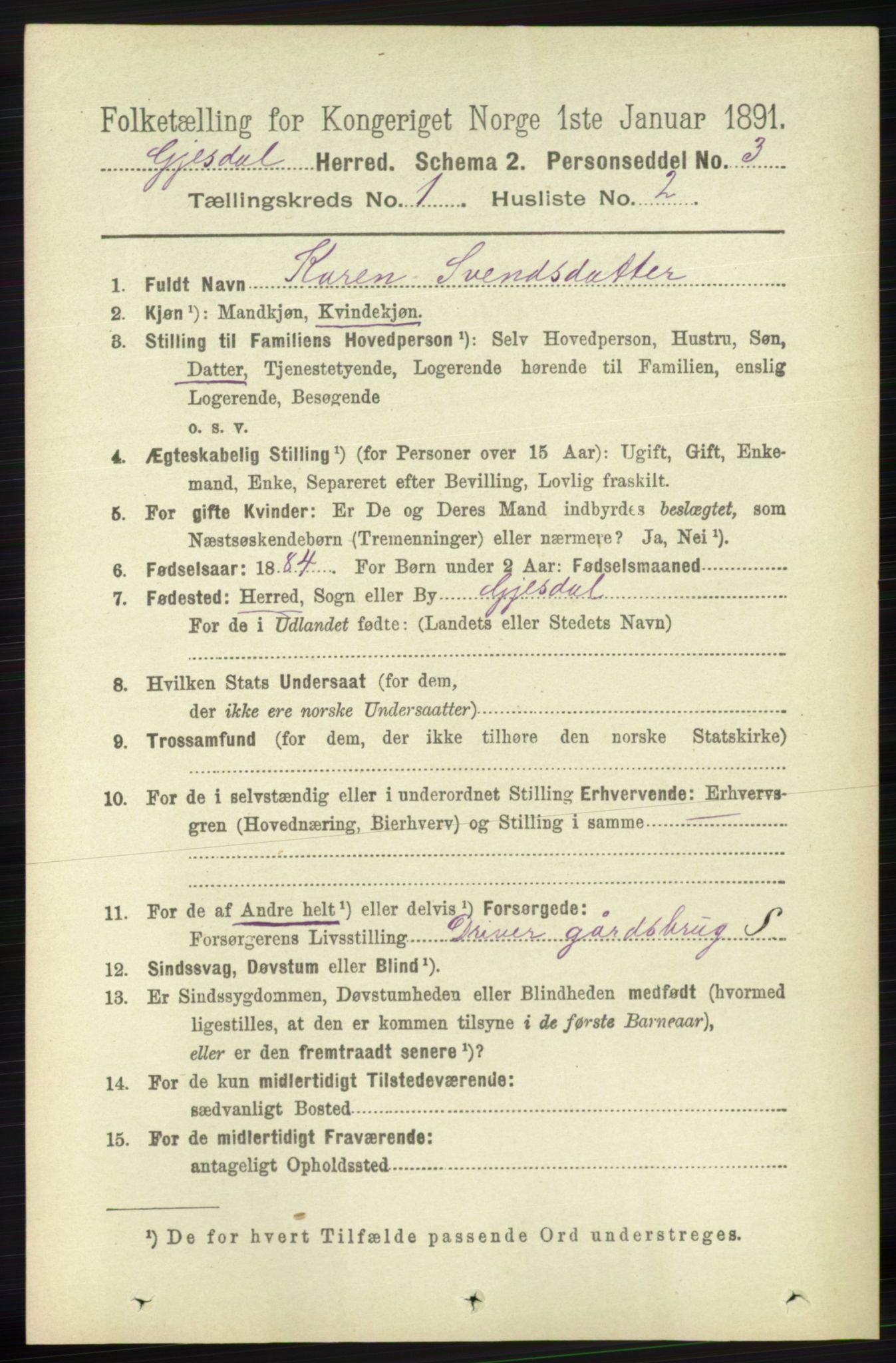 RA, 1891 census for 1122 Gjesdal, 1891, p. 67