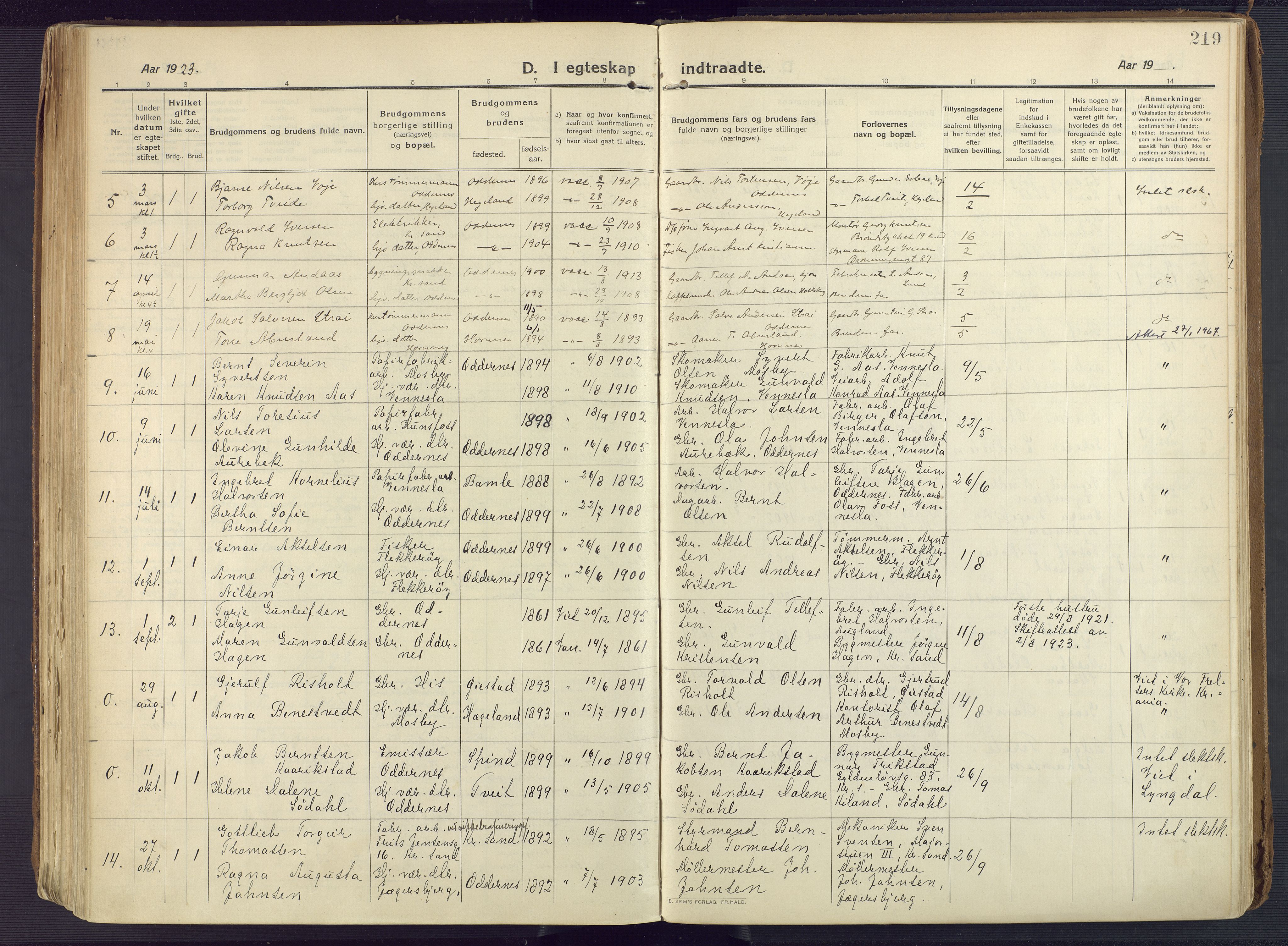 Oddernes sokneprestkontor, AV/SAK-1111-0033/F/Fa/Faa/L0012: Parish register (official) no. A 12, 1912-1925, p. 219