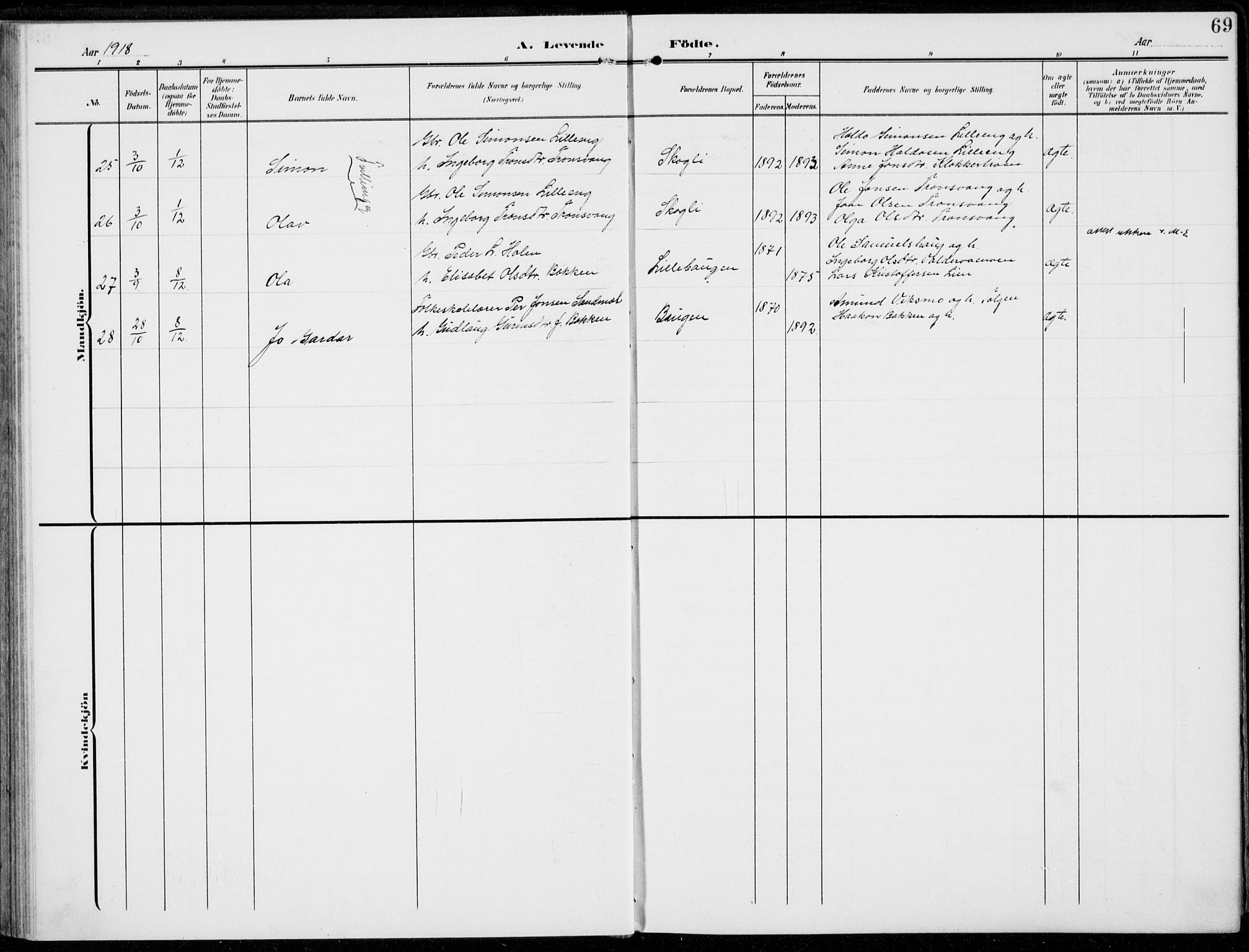 Alvdal prestekontor, AV/SAH-PREST-060/H/Ha/Haa/L0004: Parish register (official) no. 4, 1907-1919, p. 69