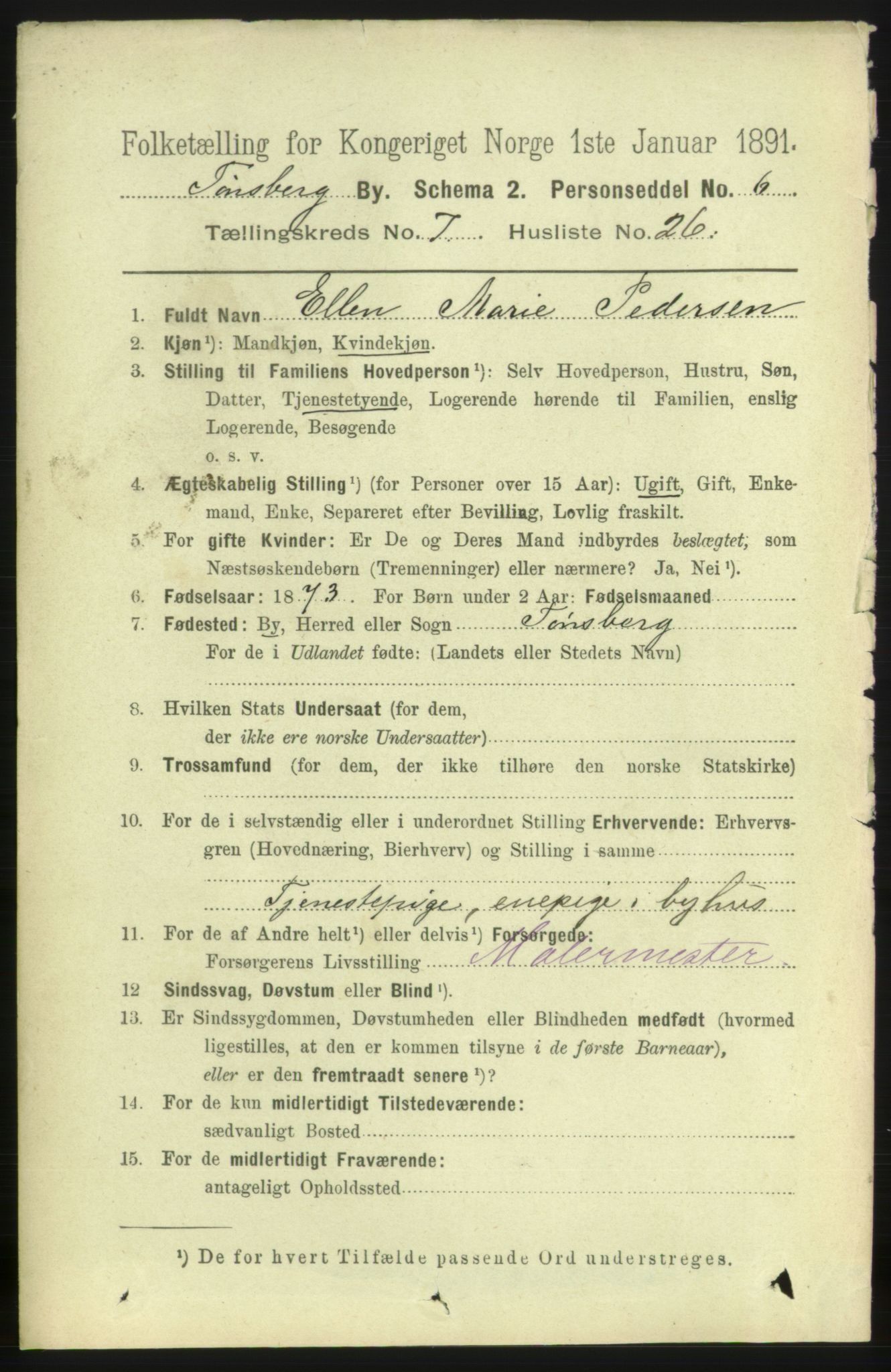 RA, 1891 census for 0705 Tønsberg, 1891, p. 3047