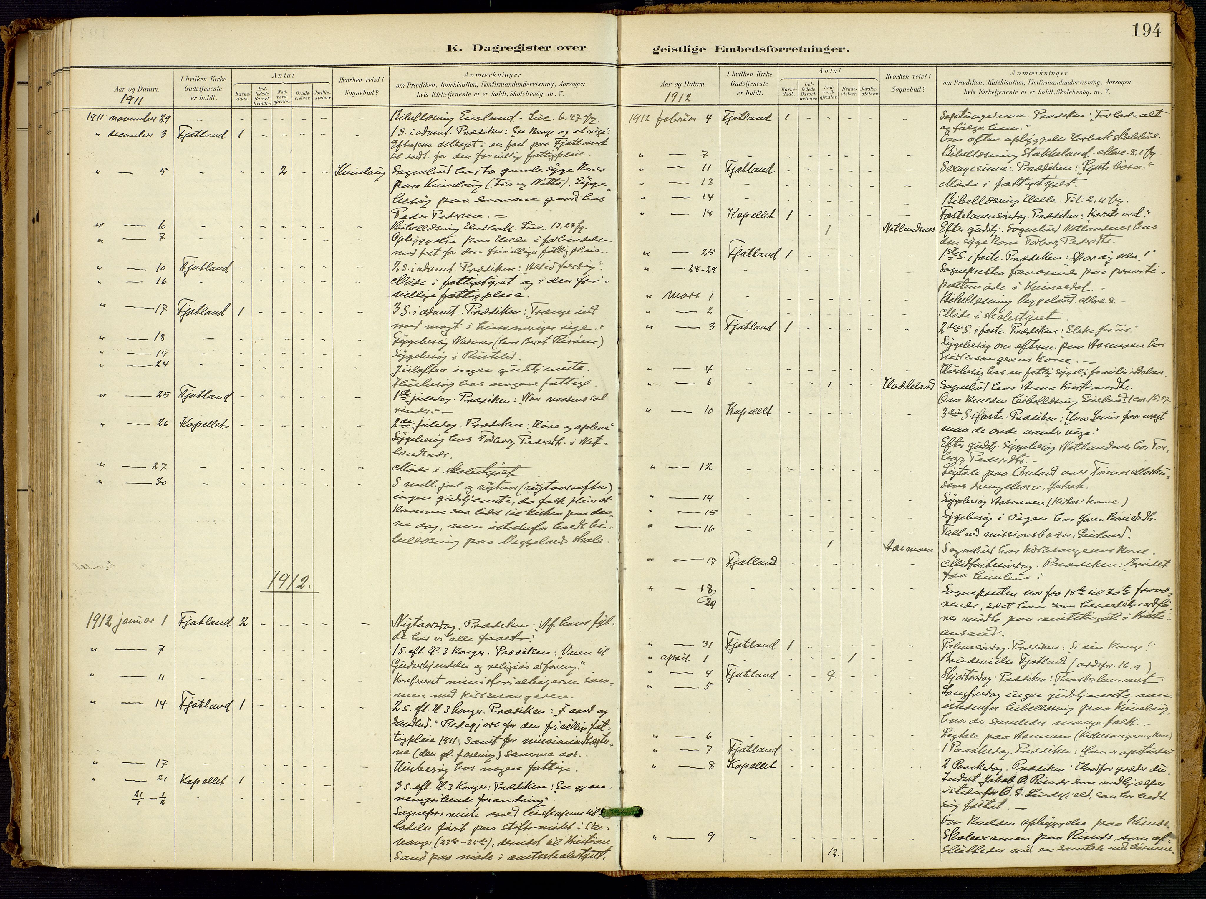 Fjotland sokneprestkontor, AV/SAK-1111-0010/F/Fa/L0003: Parish register (official) no. A 3, 1899-1917, p. 194