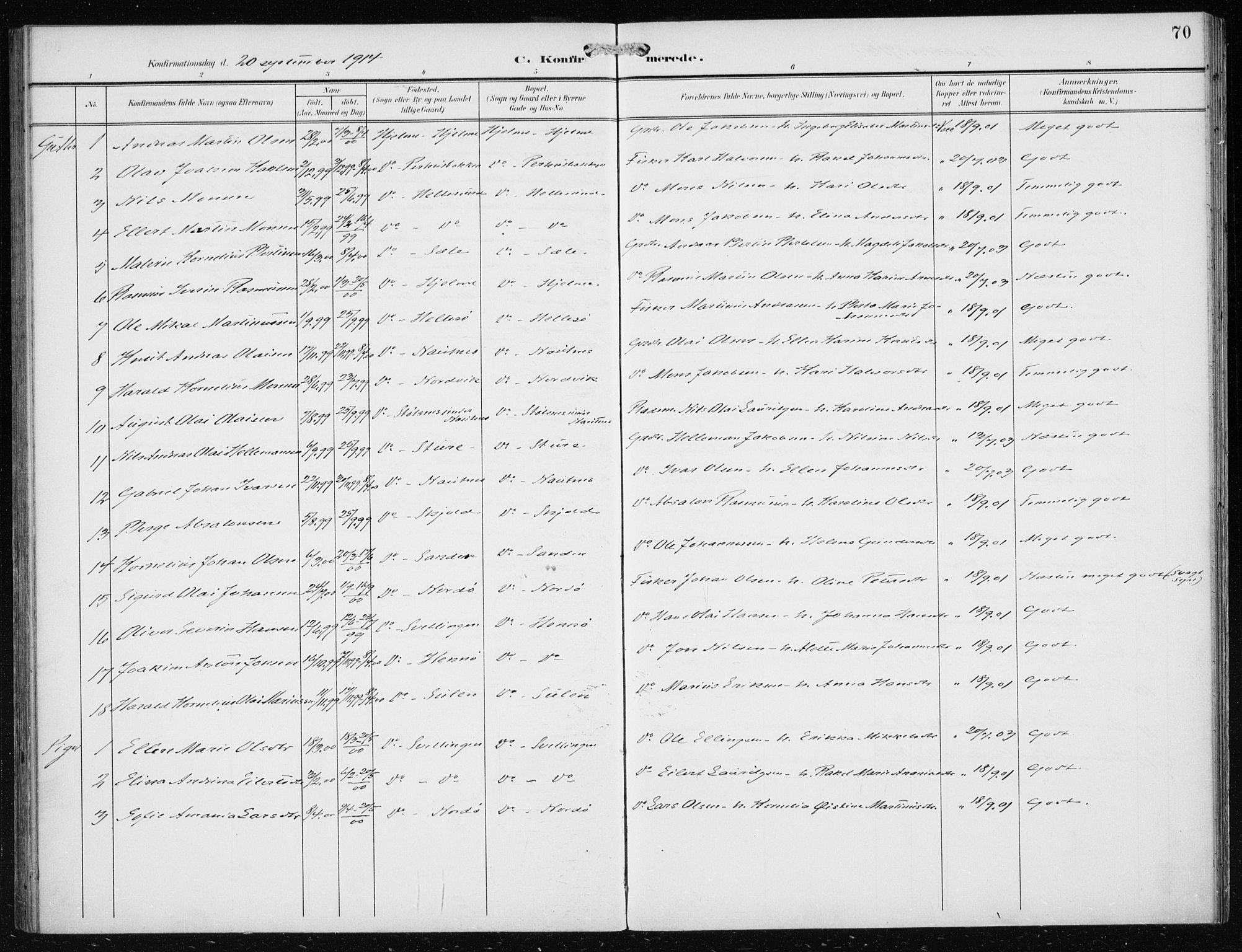 Herdla Sokneprestembete, AV/SAB-A-75701/H/Haa: Parish register (official) no. B 1, 1902-1921, p. 70