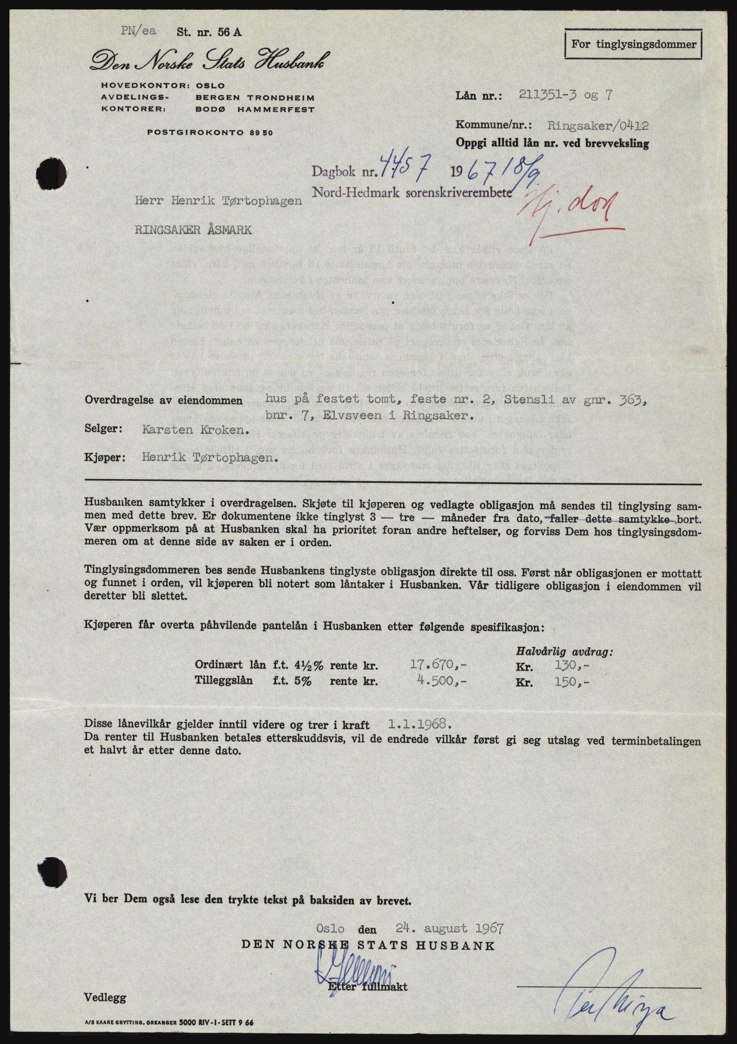 Nord-Hedmark sorenskriveri, SAH/TING-012/H/Hc/L0026: Mortgage book no. 26, 1967-1967, Diary no: : 4457/1967