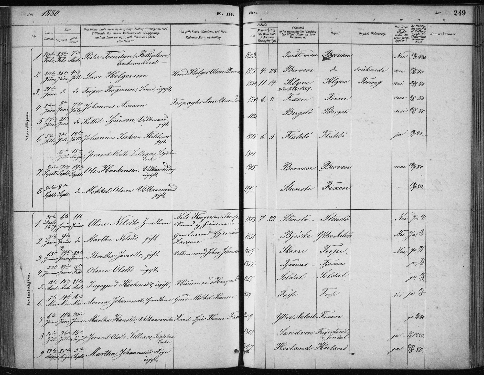 Kvam sokneprestembete, SAB/A-76201/H/Haa: Parish register (official) no. C  1, 1880-1906, p. 249