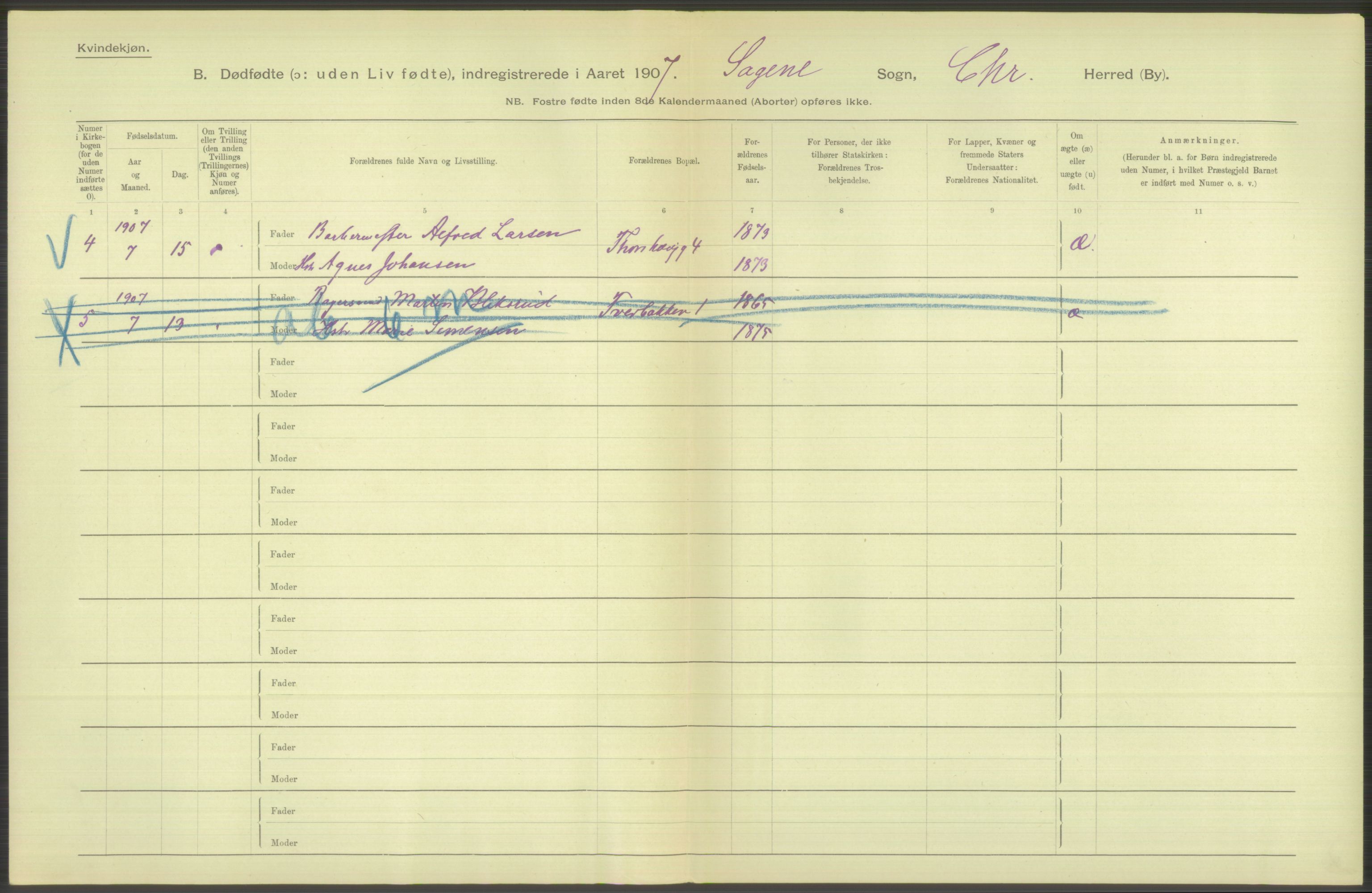 Statistisk sentralbyrå, Sosiodemografiske emner, Befolkning, RA/S-2228/D/Df/Dfa/Dfae/L0010: Kristiania: Døde, dødfødte, 1907, p. 148