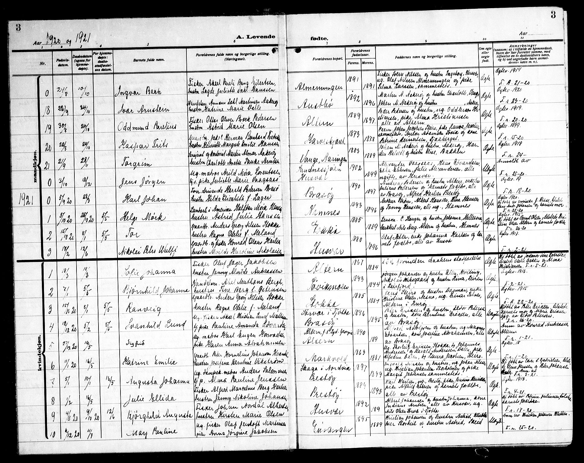 Ministerialprotokoller, klokkerbøker og fødselsregistre - Nordland, AV/SAT-A-1459/830/L0466: Parish register (copy) no. 830C08, 1920-1945, p. 3