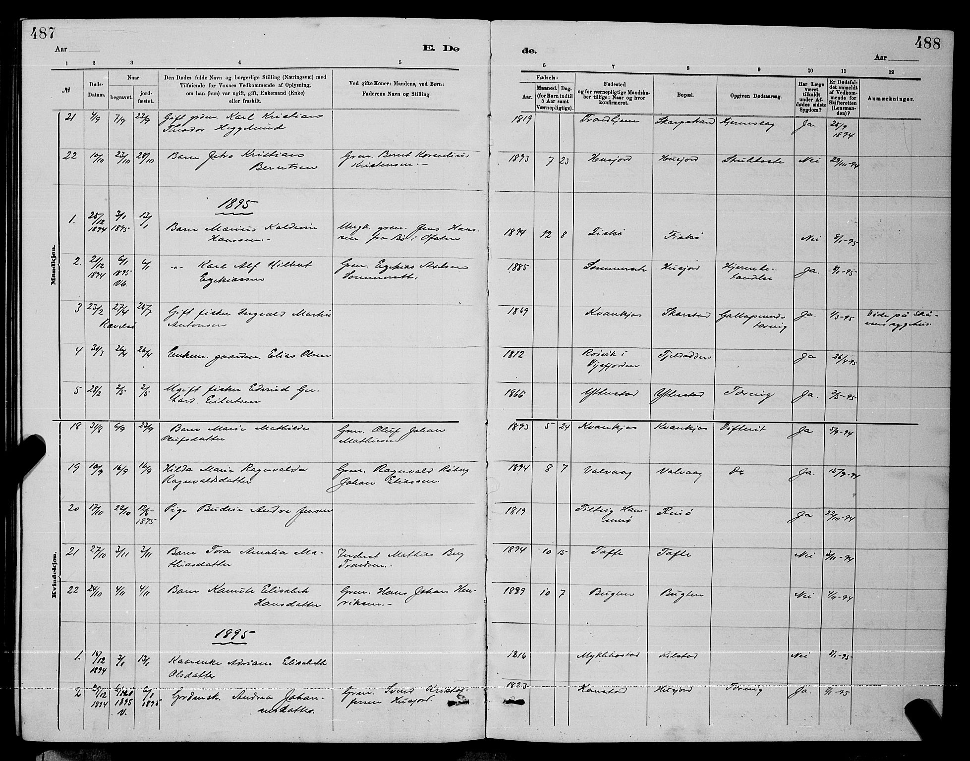 Ministerialprotokoller, klokkerbøker og fødselsregistre - Nordland, AV/SAT-A-1459/872/L1047: Parish register (copy) no. 872C03, 1880-1897, p. 487-488