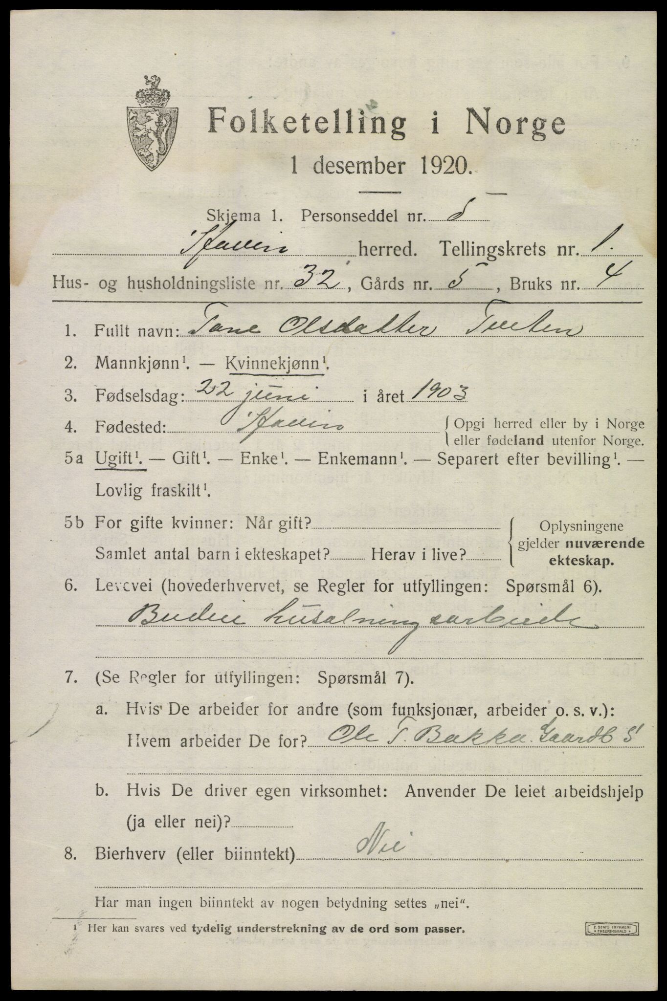 SAKO, 1920 census for Hovin, 1920, p. 705