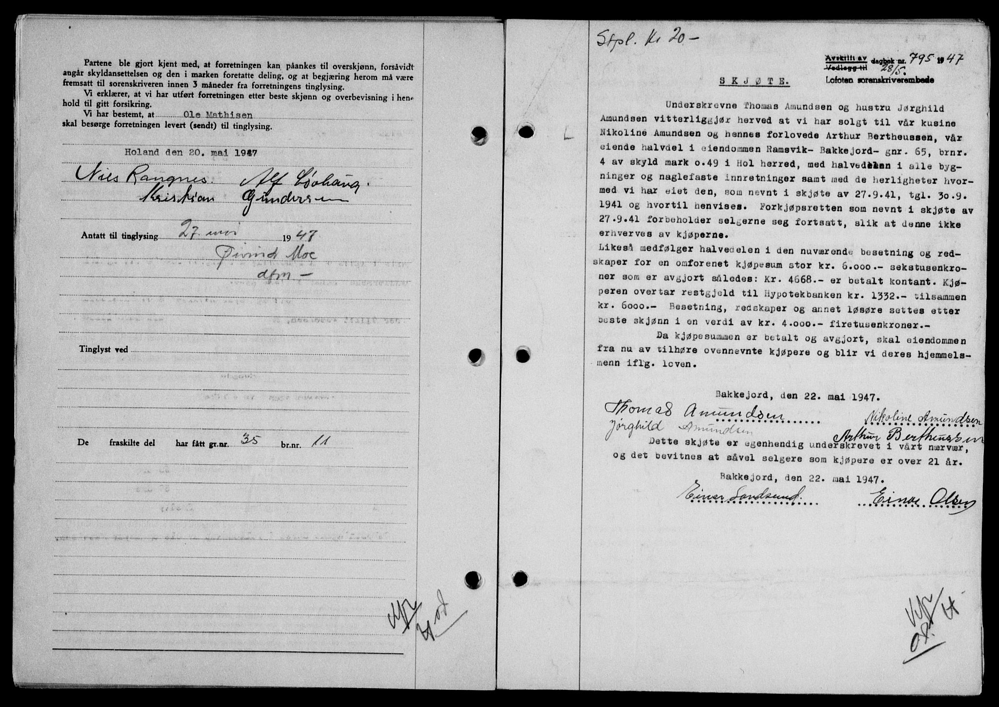 Lofoten sorenskriveri, SAT/A-0017/1/2/2C/L0016a: Mortgage book no. 16a, 1947-1947, Diary no: : 795/1947