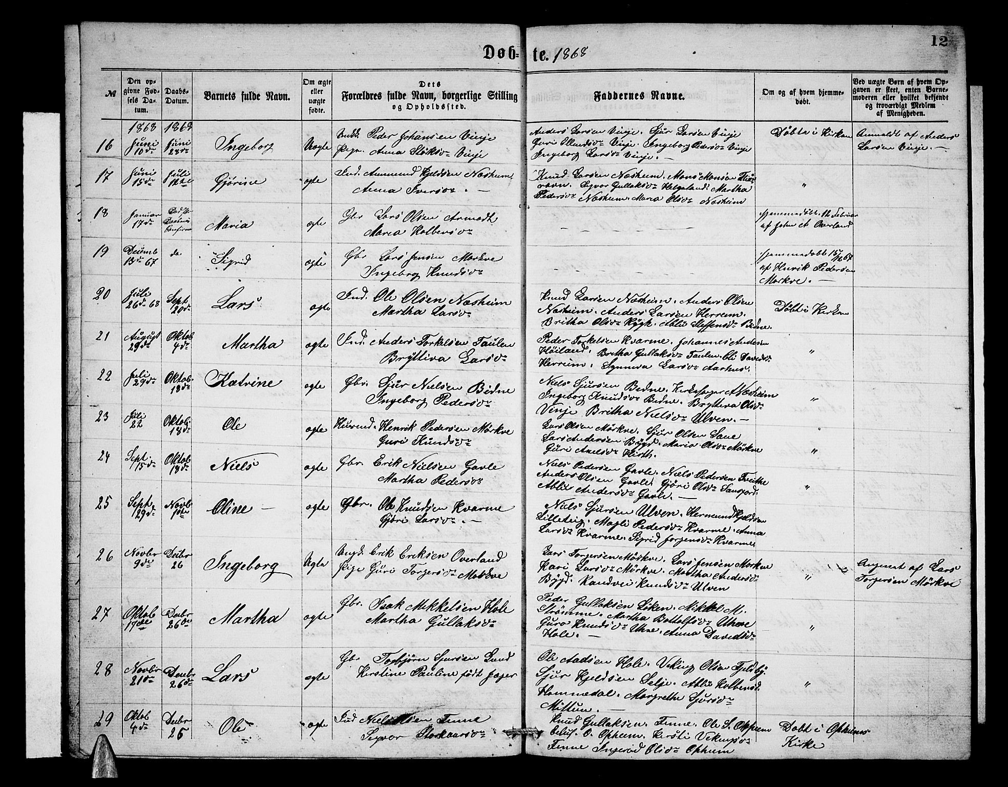 Vossestrand Sokneprestembete, SAB/A-79101/H/Hab: Parish register (copy) no. B 2, 1865-1879, p. 12