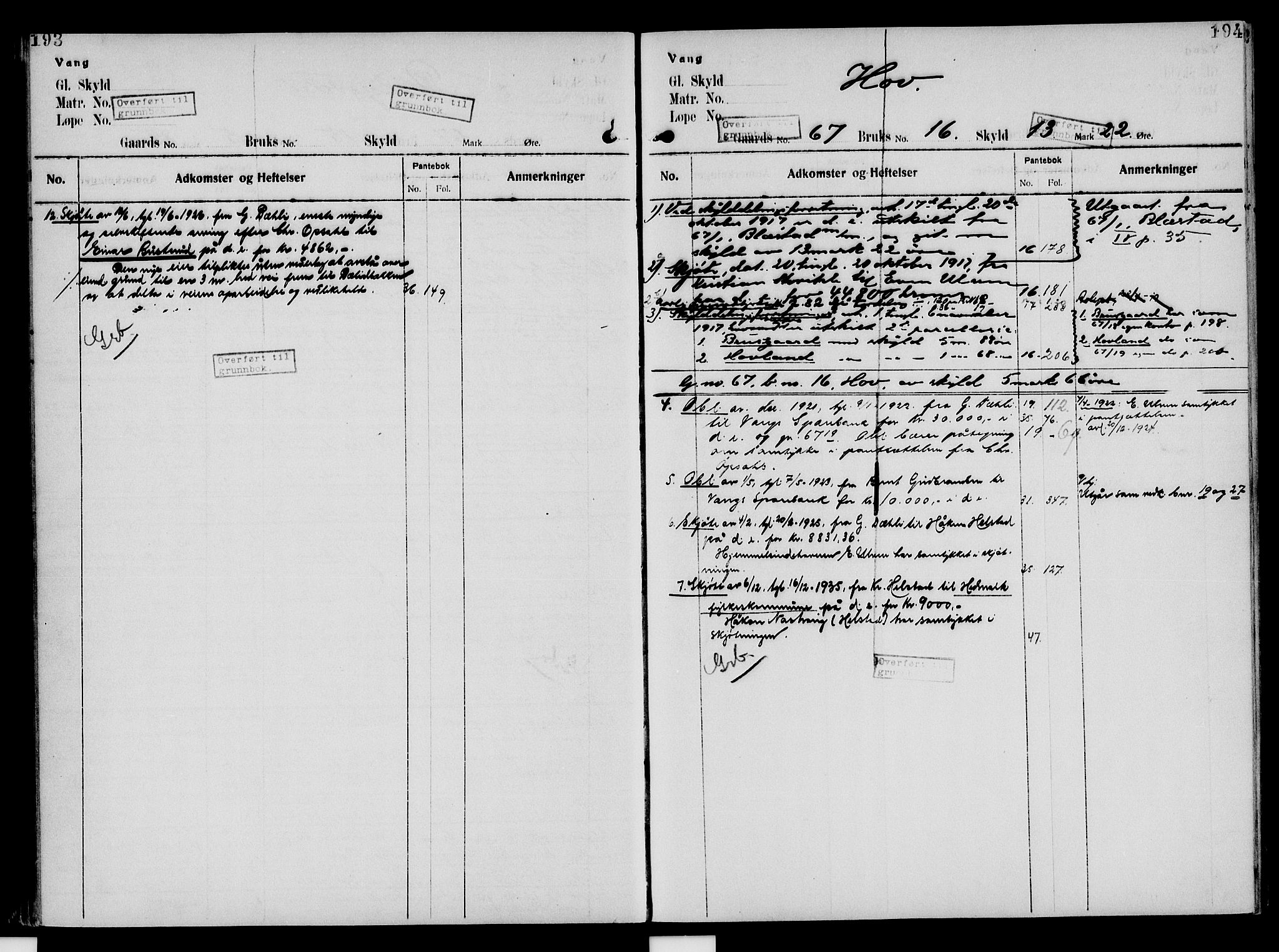 Nord-Hedmark sorenskriveri, SAH/TING-012/H/Ha/Had/Hade/L0005: Mortgage register no. 4.5, 1916-1940, p. 193-194