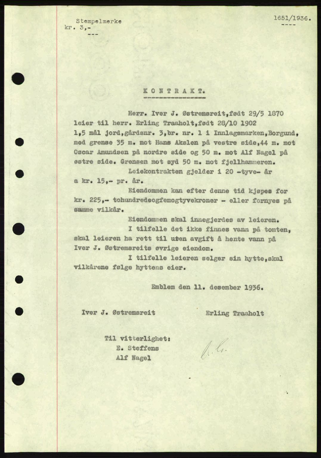 Nordre Sunnmøre sorenskriveri, AV/SAT-A-0006/1/2/2C/2Ca: Mortgage book no. A2, 1936-1937, Diary no: : 1651/1936