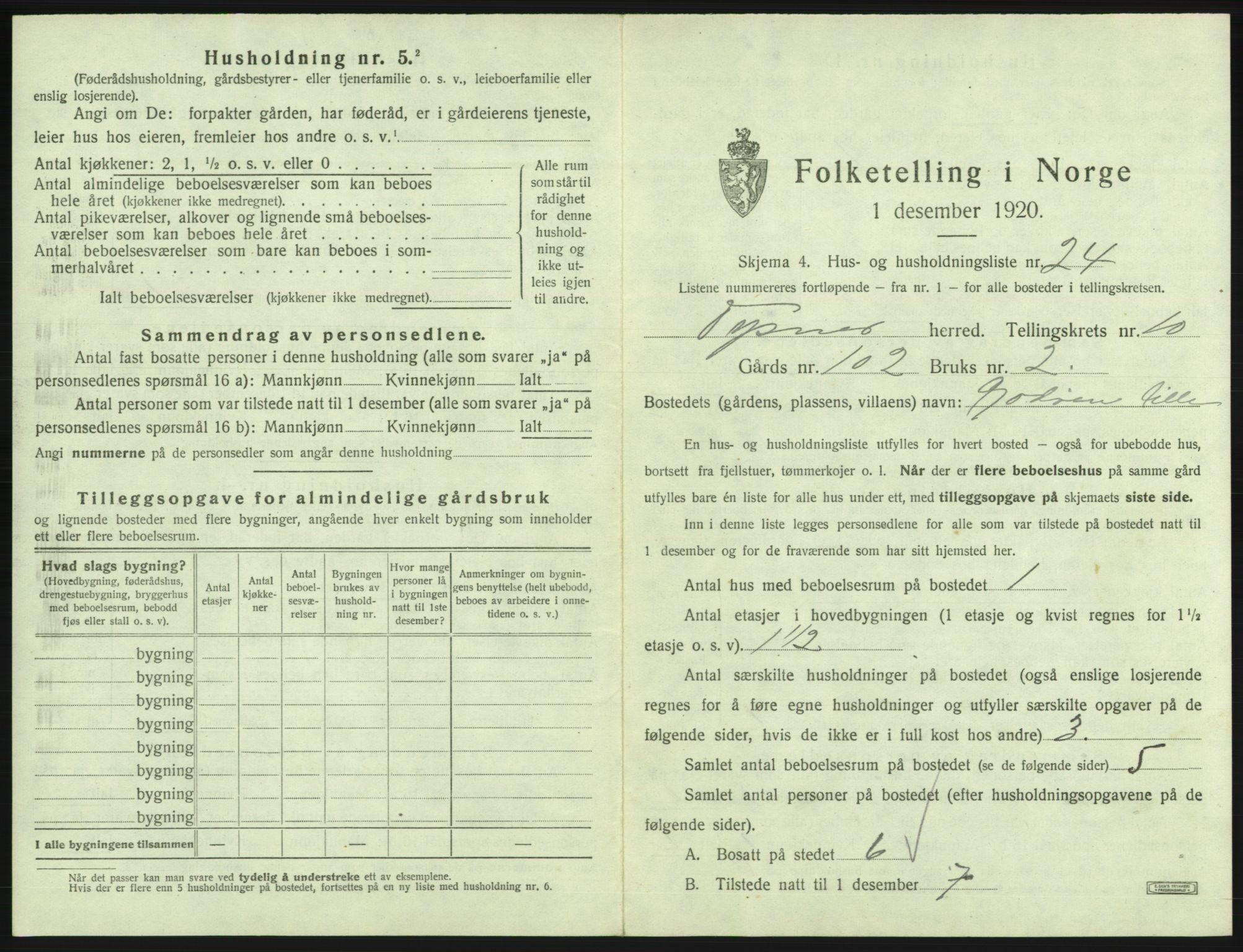 SAB, 1920 census for Tysnes, 1920, p. 1033