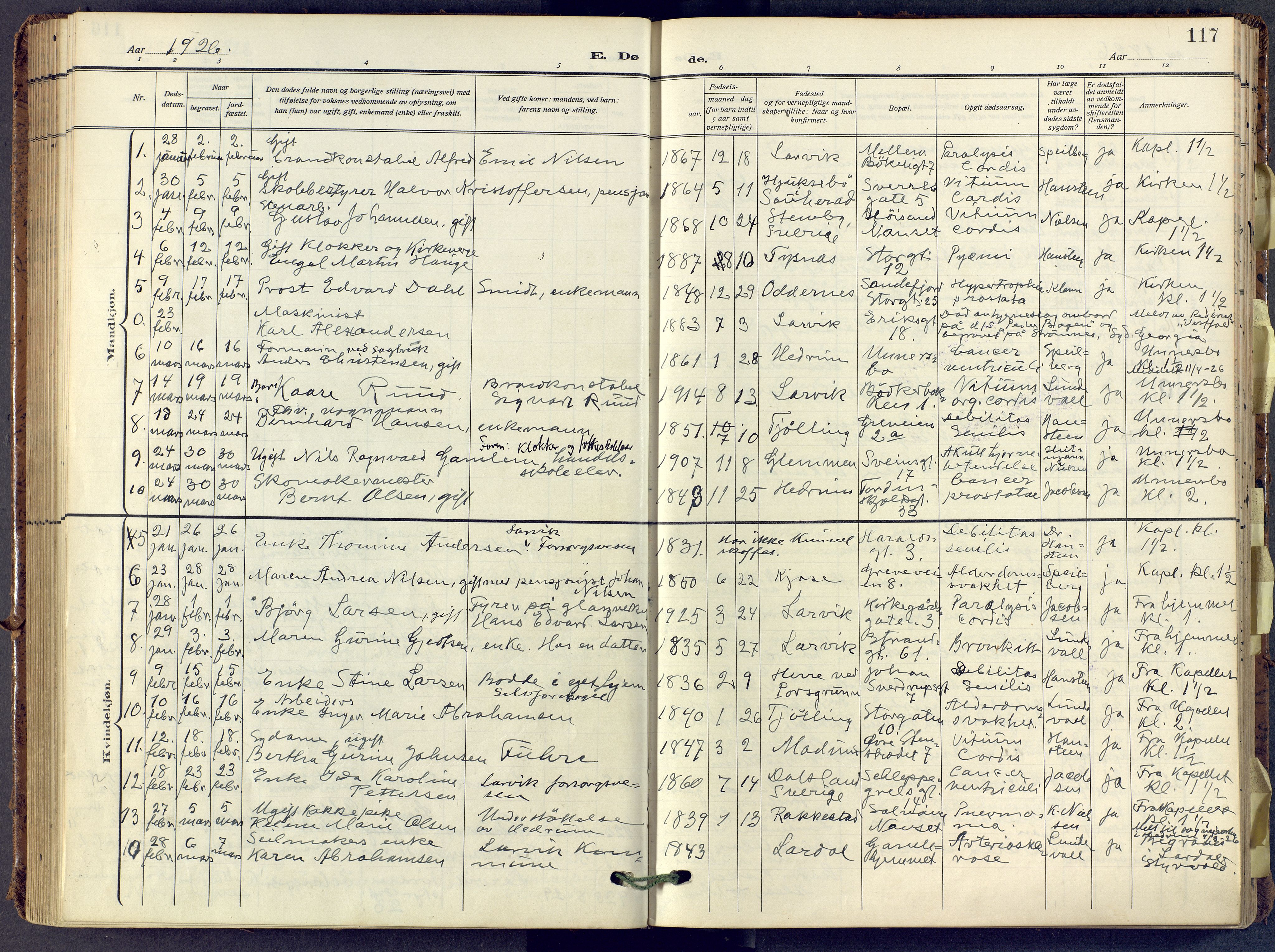 Larvik kirkebøker, SAKO/A-352/F/Fa/L0013: Parish register (official) no. I 13, 1910-1960, p. 117