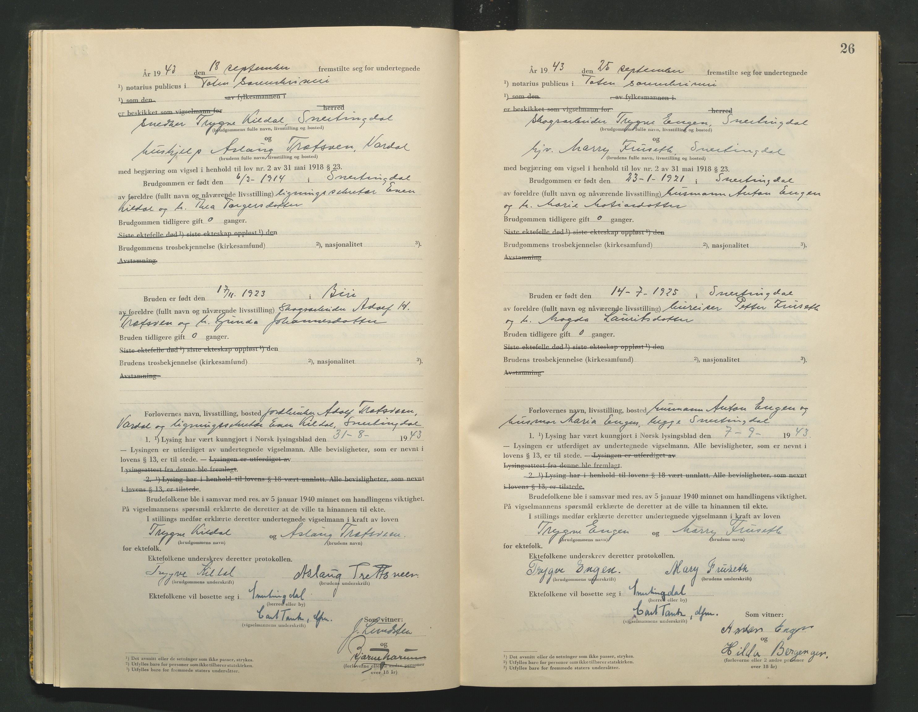 Toten tingrett, AV/SAH-TING-006/L/Lc/L0003: Vigselbok, 1943-1944, p. 26