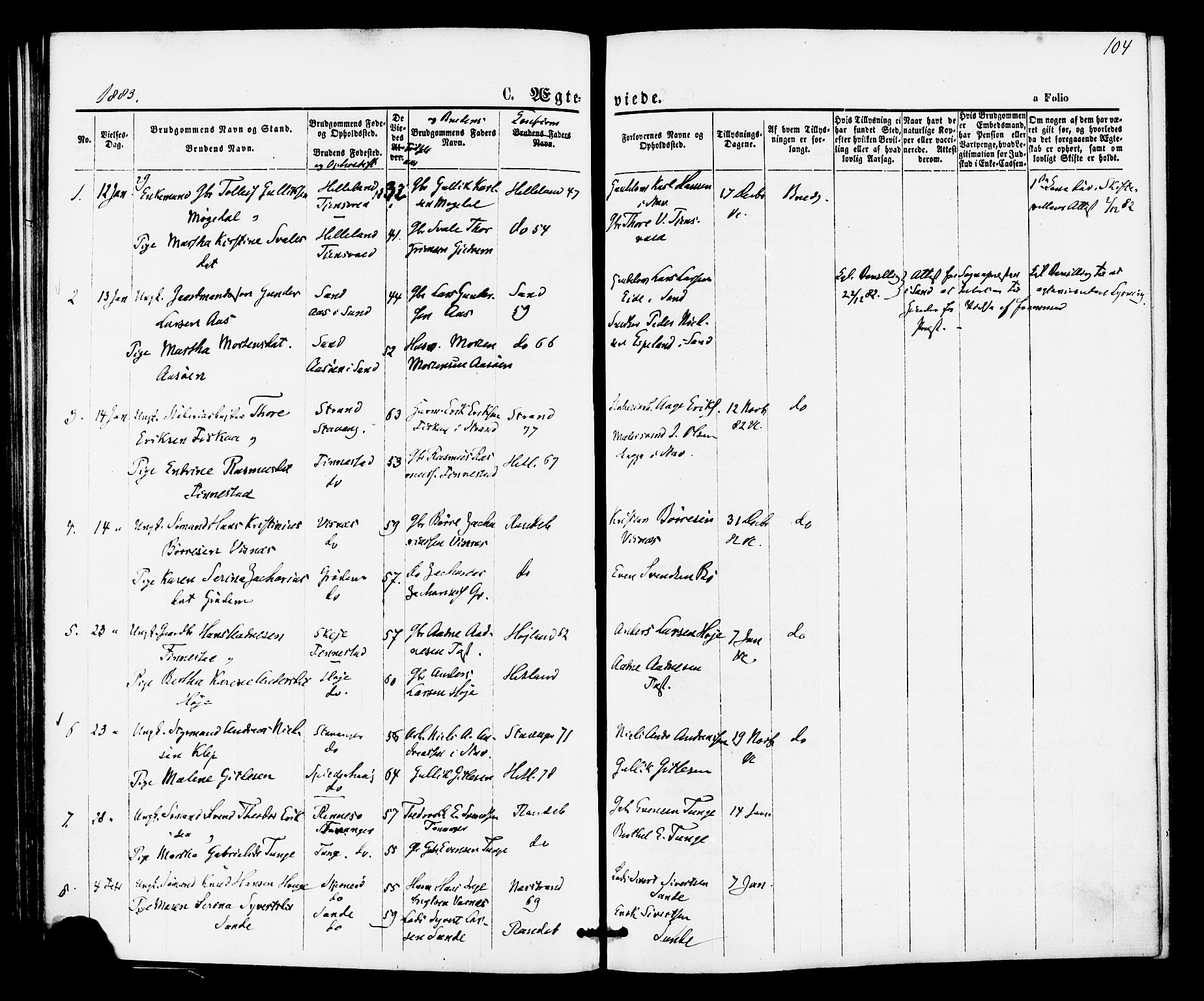 Hetland sokneprestkontor, AV/SAST-A-101826/30/30BA/L0005: Parish register (official) no. A 5, 1869-1884, p. 104